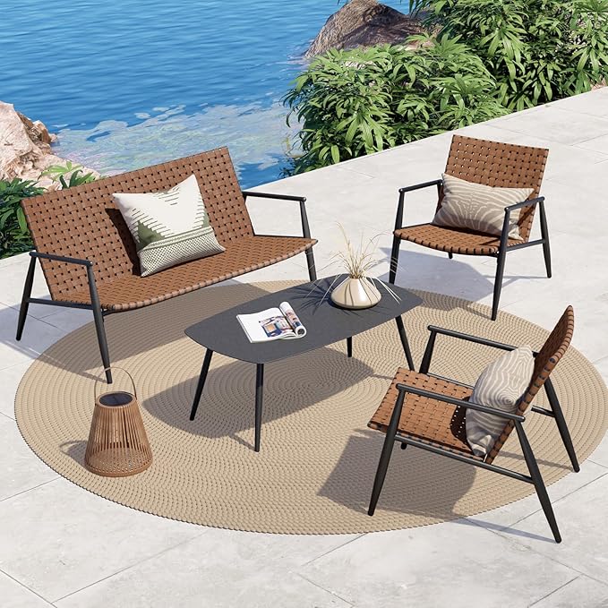  patio 4 Pieces Outdoor Furniture Set, Leather-Look Patio Conversation Set, Vintage Brown Wicker Chairs Loveseat and 1 Coffee Table, Patio Furniture for Garden, Backyard, Porch
