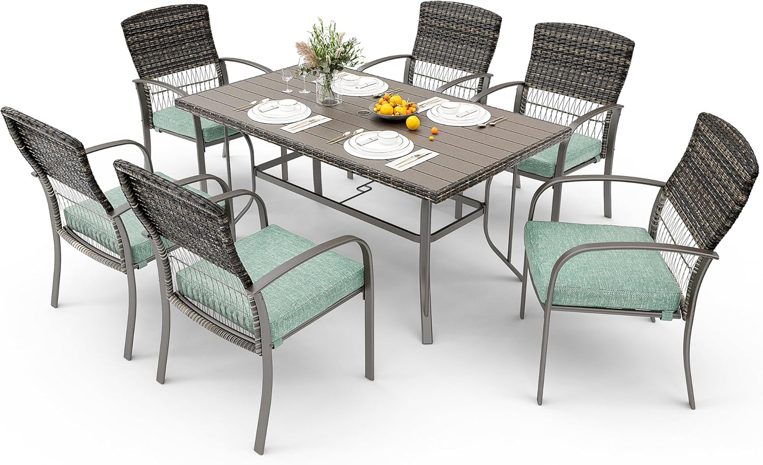 Patio Dining 7 Piece, Outdoor Wicker Furniture Set for Backyard Garden Deck Poolside/Iron Slats Table Top, Removable Cushions, 7 Pack, Beige