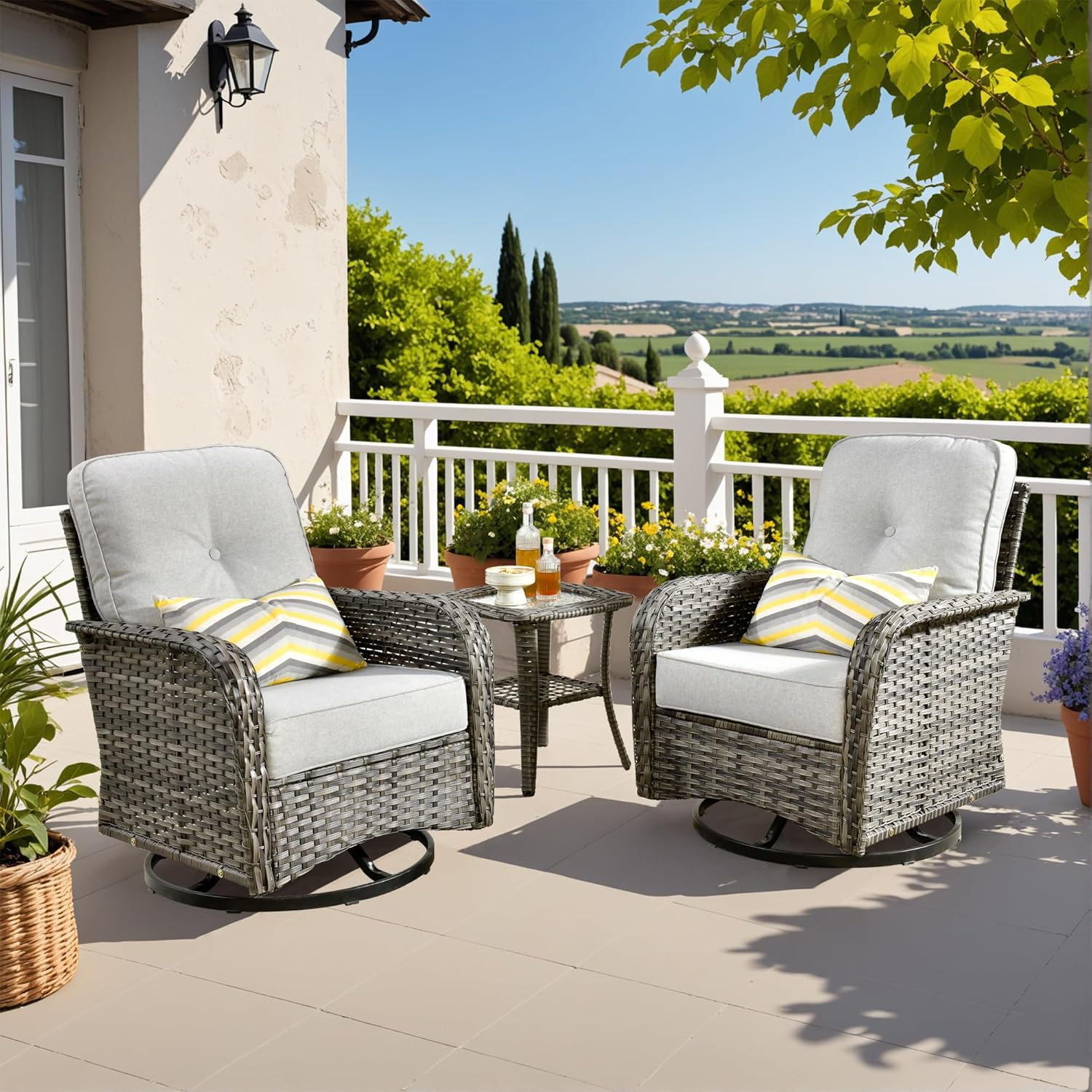 5 Pieces Patio Furniture Set,Outdoor Furniture with Rockers, Rattan Conversation Sets w/Coffee Table, Grey Wicker Light Dark Gray Cushion