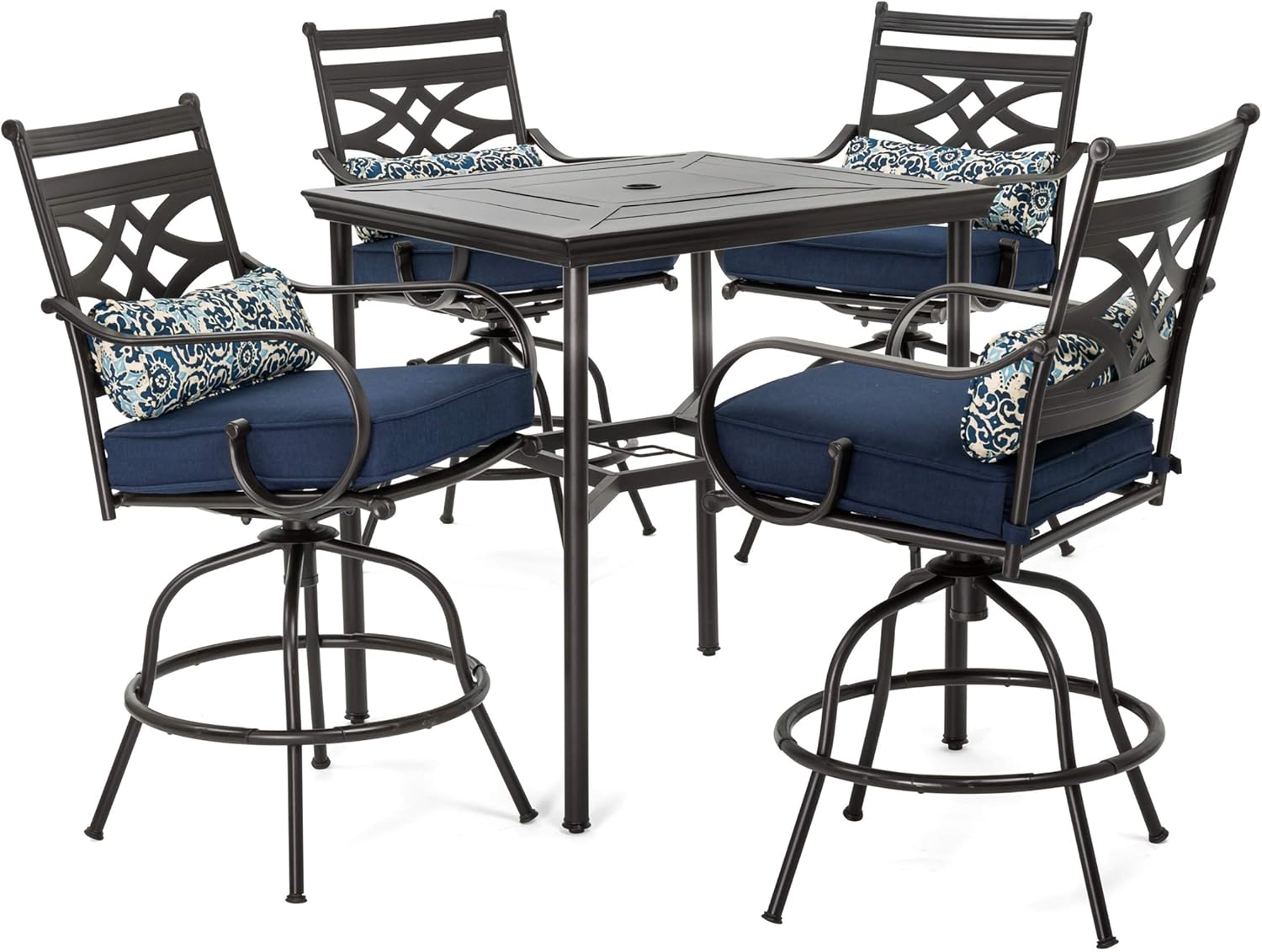  7-Piece Outdoor Dining Set with 6 Swivel Rockers, Ocean Blue Cushions and Stamped Steel Rectangular Dining Table, Patio Dining Set for 6, Premium All-Weather Patio Furniture for Deck