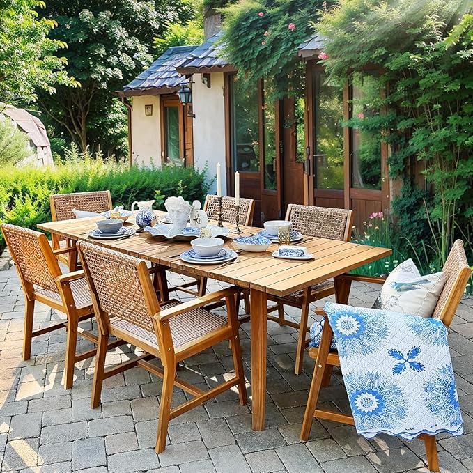 7 Pieces Acacia Wood Outdoor Dining Set for 6, Teak Large Wooden Table & Chairs with Wicker Seat and Back, Farmhouse Dining Furniture Set for Patio, Deck, Yard, Porch