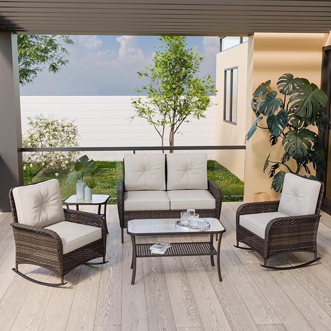 Patio Furniture Set, Wicker Outdoor Furniture, Patio Conversation Sets, 2 Rocking Chairs, Loveseat, Coffee Table and Side Table, 5 Pieces, Gray/Beige