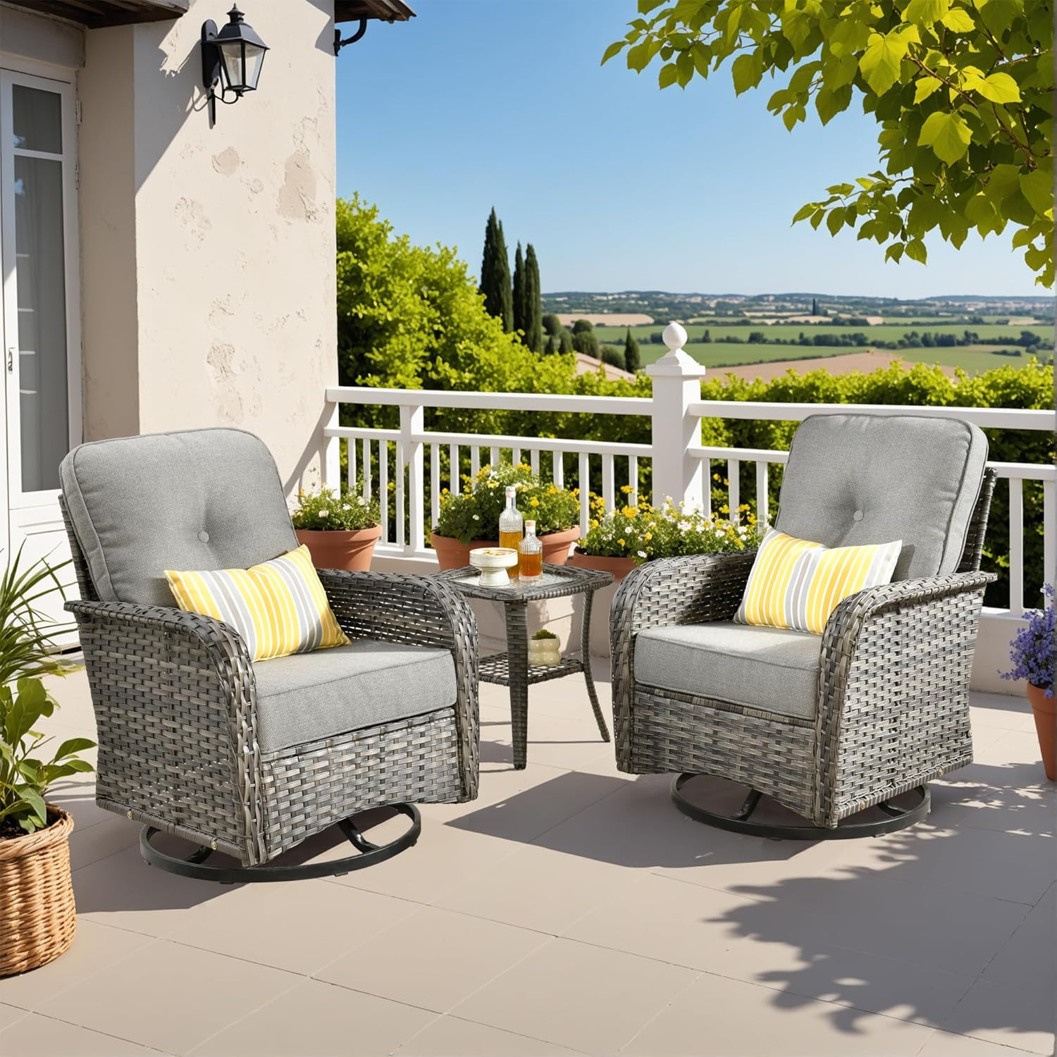 5 Pieces Patio Furniture Set,Outdoor Furniture with Rockers, Rattan Conversation Sets w/Coffee Table, Grey Wicker Light Dark Gray Cushion