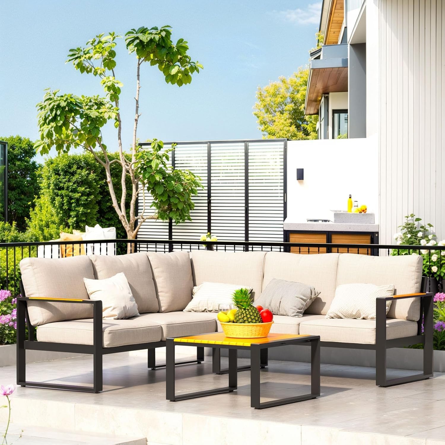 Aluminum Patio Furniture Set, All-Weather Outdoor Couch Sectional, L Shaped Patio Conversation Sets, Metal Corner Sofa with Teak Coffee Table 