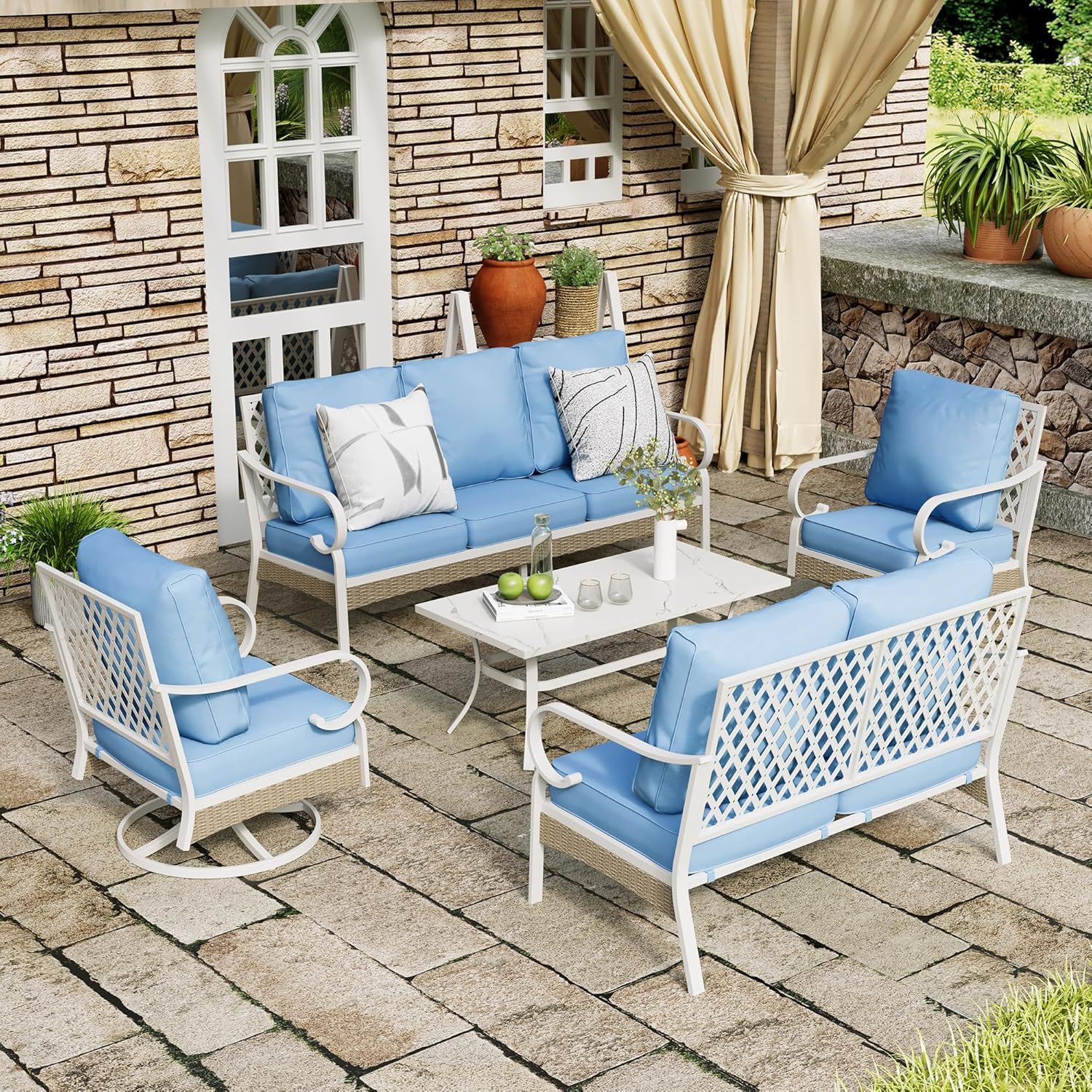 4 Piece Patio Furniture Set, 2 x Fixed Chair, 1 x 3-Seat Sofa with Marbling Coffee Table, All Cushioned 5 Seats Outdoor Conversation Set for Lawn Garden Backyard, Beige