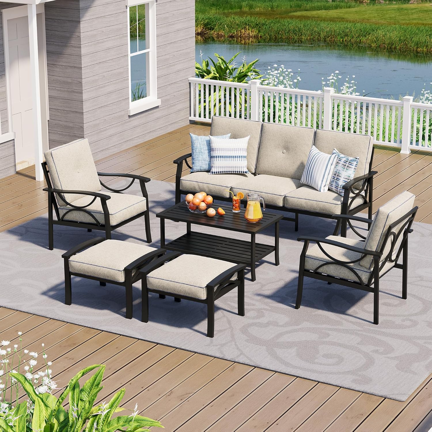 4-Piece Outdoor Patio Furniture Set, Outdoor Metal Sectional Furniture with Cushions, Outdoor Conversation Seating Set with Coffee Table for Deck, Backyard, Garden, Balcony, Khaki