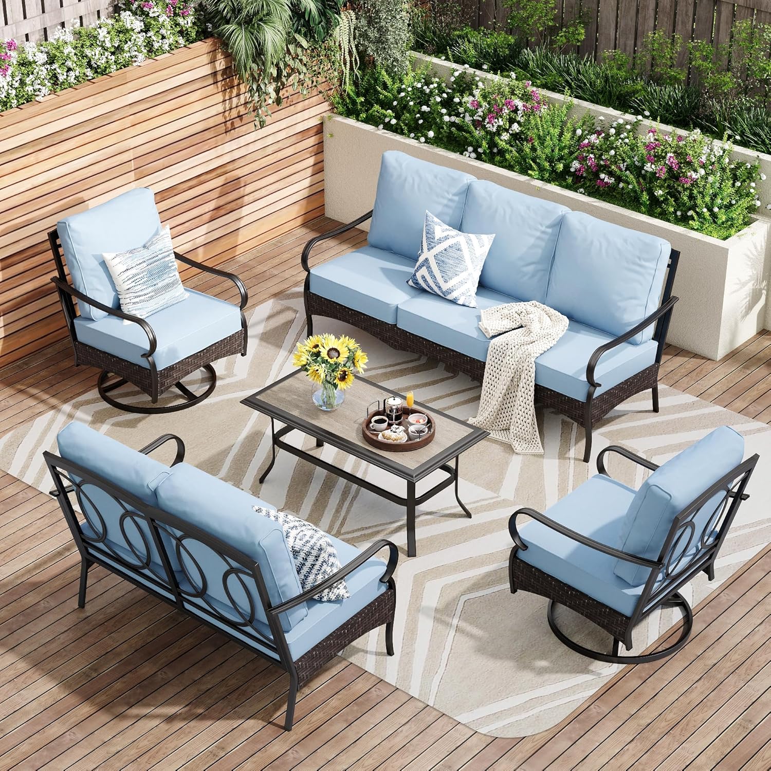 Outdoor Modern Patio Furniture Set, Upgraded Wicker&Metal Patio Furniture Conversation Set with Waterproof Thick Cushions for Porch, Poolside, Deck, and Yard (5 Pieces,Beige)