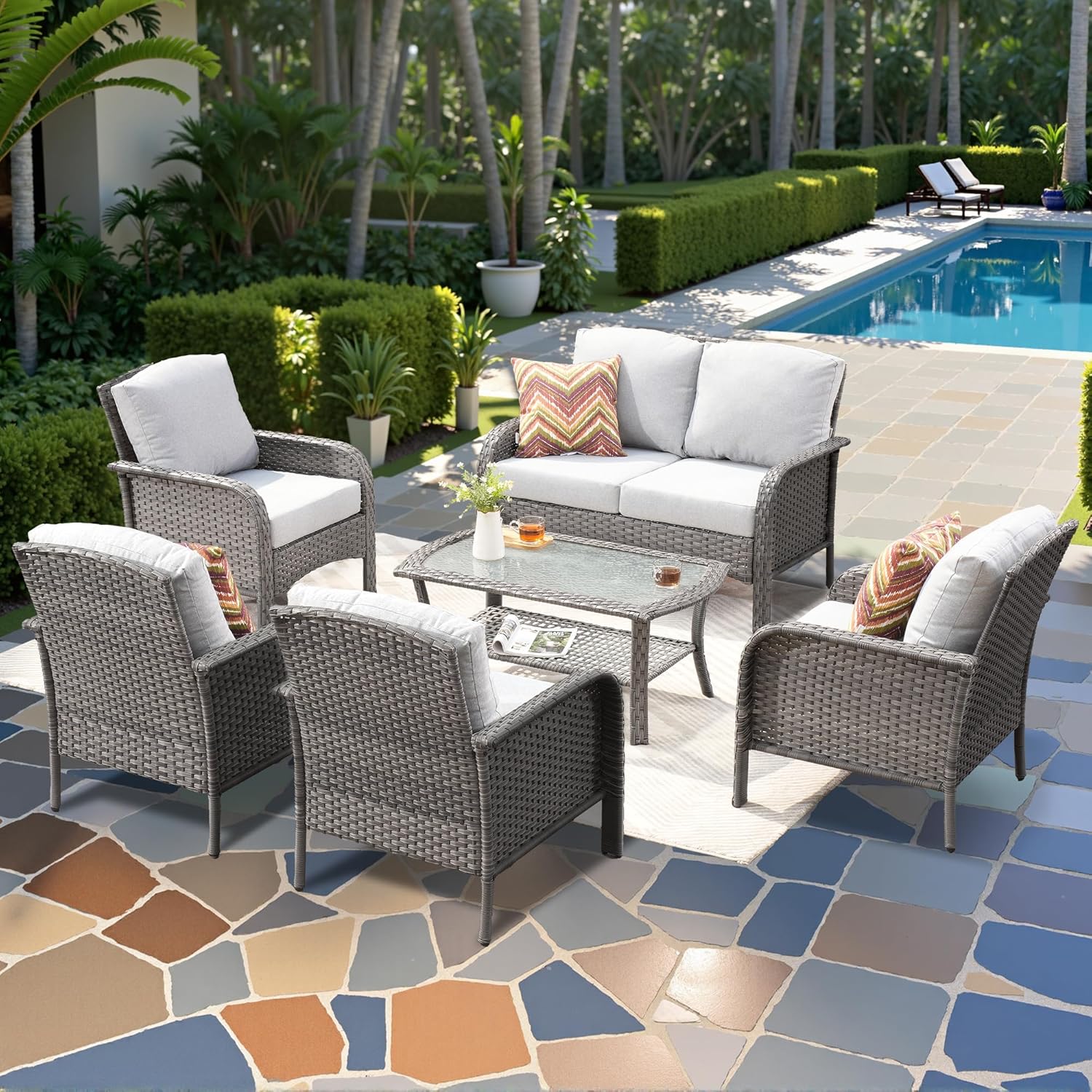 5 Pieces Patio Furniture Set,Outdoor Furniture with Rockers, Rattan Conversation Sets w/Coffee Table, Grey Wicker Light Dark Gray Cushion