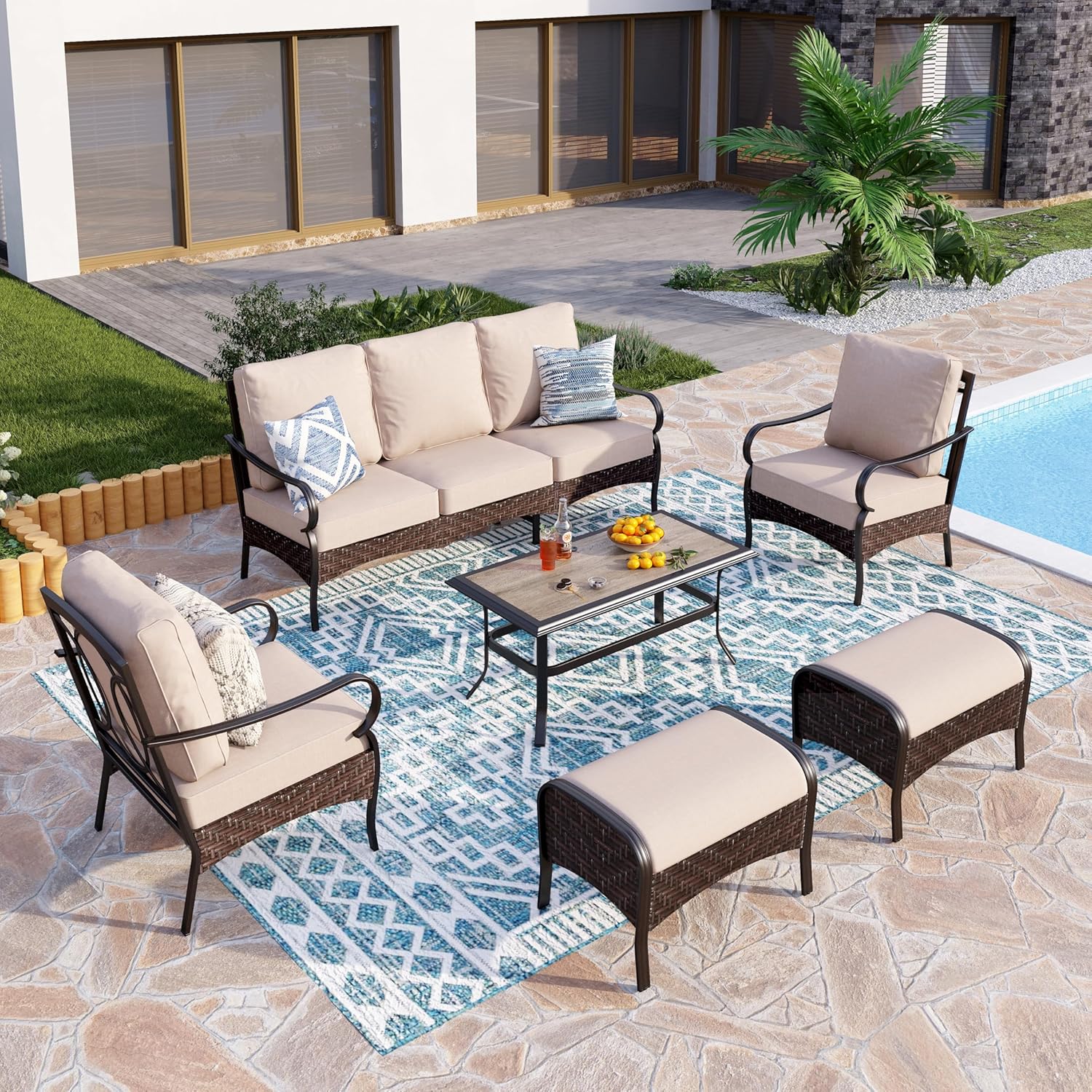 Outdoor Modern Patio Furniture Set, Upgraded Wicker&Metal Patio Furniture Conversation Set with Waterproof Thick Cushions for Porch, Poolside, Deck, and Yard (5 Pieces,Beige)