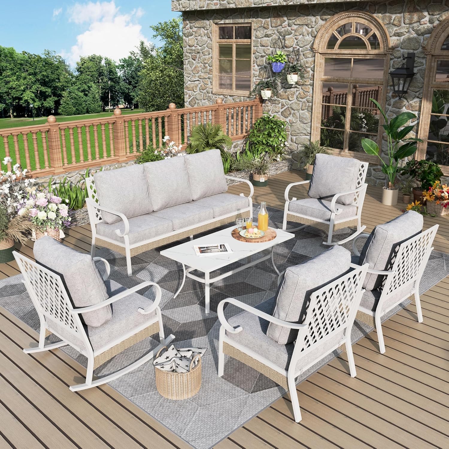 4 Piece Patio Furniture Set, 2 x Fixed Chair, 1 x 3-Seat Sofa with Marbling Coffee Table, All Cushioned 5 Seats Outdoor Conversation Set for Lawn Garden Backyard, Beige