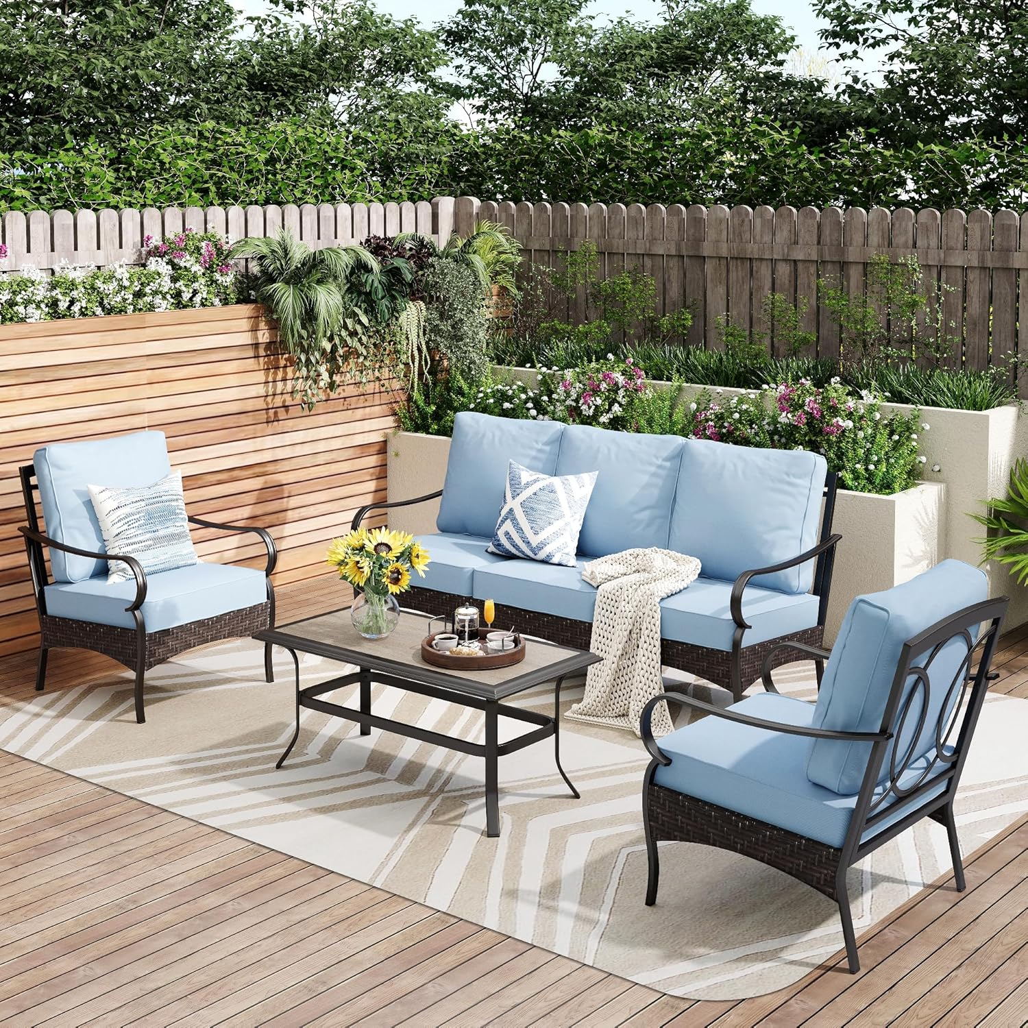 Outdoor Modern Patio Furniture Set, Upgraded Wicker&Metal Patio Furniture Conversation Set with Waterproof Thick Cushions for Porch, Poolside, Deck, and Yard (5 Pieces,Beige)