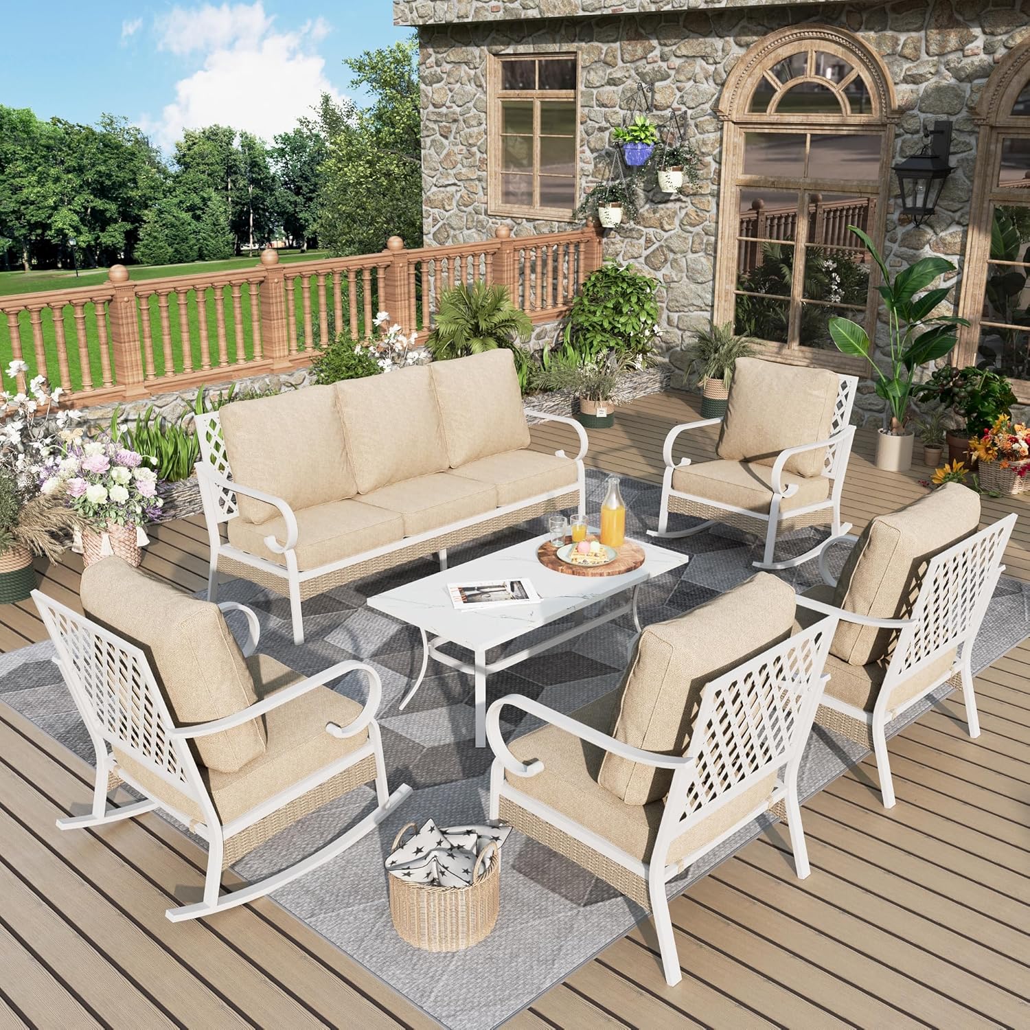 4 Piece Patio Furniture Set, 2 x Fixed Chair, 1 x 3-Seat Sofa with Marbling Coffee Table, All Cushioned 5 Seats Outdoor Conversation Set for Lawn Garden Backyard, Beige