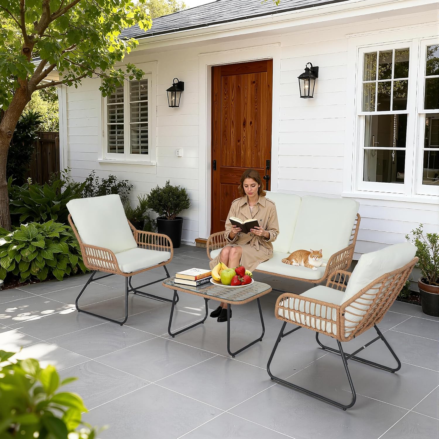  4 Pieces Outdoor Patio Furniture Set,Patio Conversation Set,Rattan Wicker Bistro Sets with Loveseat Chairs and Modern Coffee Table for Backyard Deck Balcony and Garden Lounge Spaces - Beige