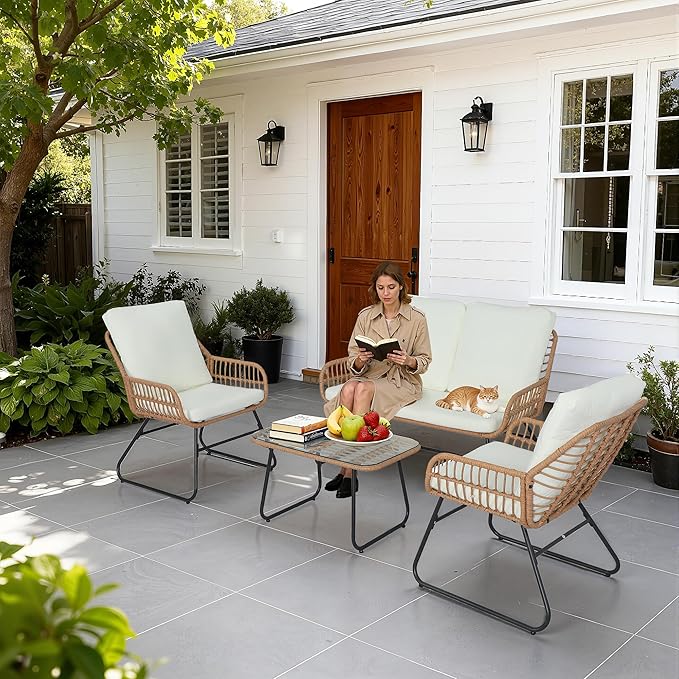  4 Pieces Outdoor Patio Furniture Set,Patio Conversation Set,Rattan Wicker Bistro Sets with Loveseat Chairs and Modern Coffee Table for Backyard Deck Balcony and Garden Lounge Spaces - Beige