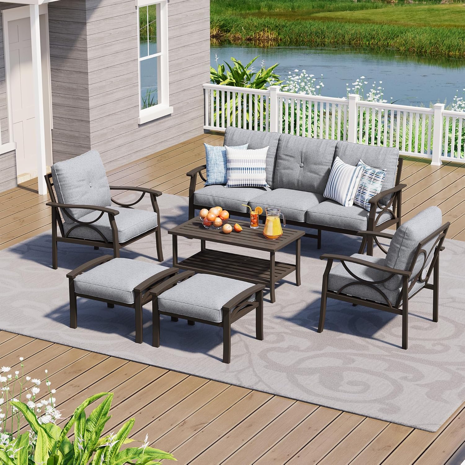 4-Piece Outdoor Patio Furniture Set, Outdoor Metal Sectional Furniture with Cushions, Outdoor Conversation Seating Set with Coffee Table for Deck, Backyard, Garden, Balcony, Khaki