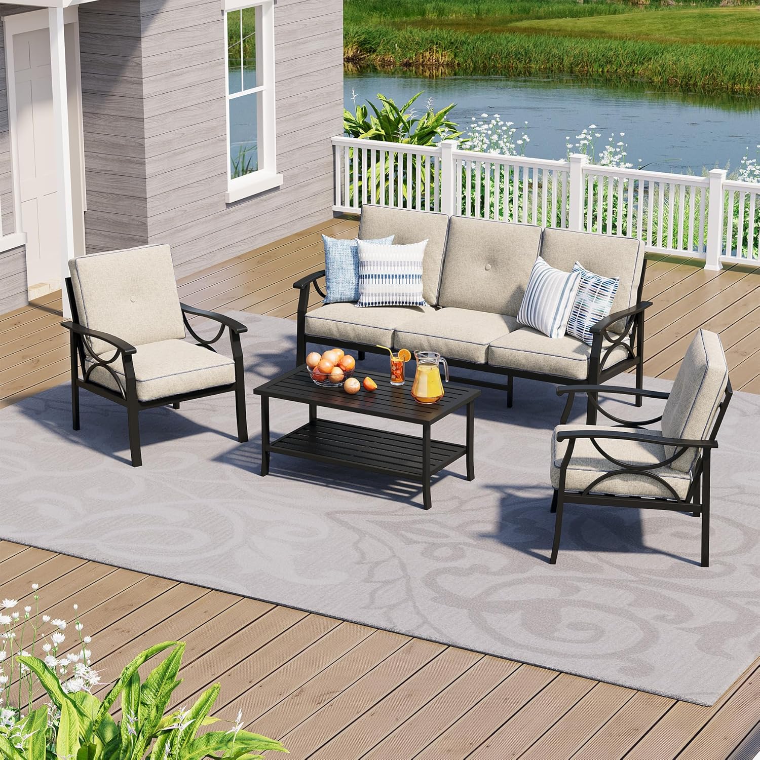 4-Piece Outdoor Patio Furniture Set, Outdoor Metal Sectional Furniture with Cushions, Outdoor Conversation Seating Set with Coffee Table for Deck, Backyard, Garden, Balcony, Khaki