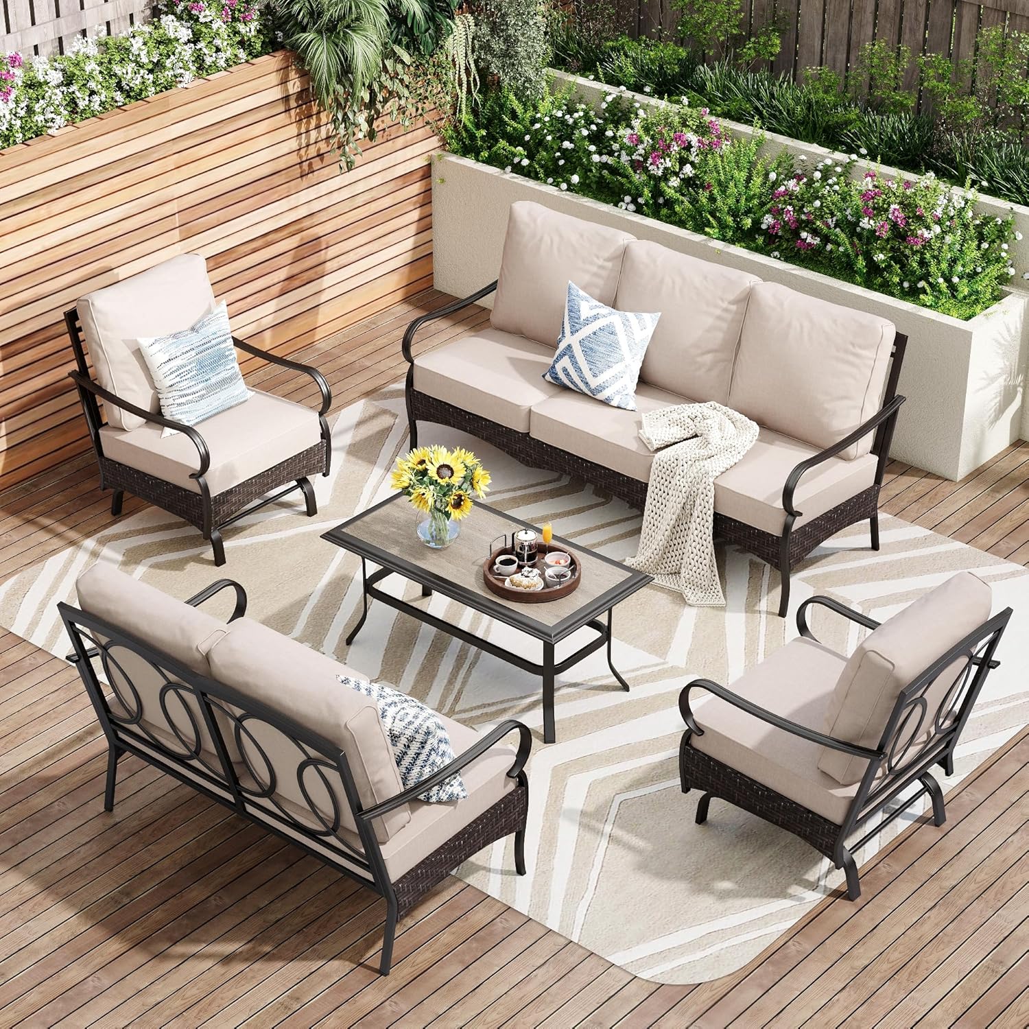 Outdoor Modern Patio Furniture Set, Upgraded Wicker&Metal Patio Furniture Conversation Set with Waterproof Thick Cushions for Porch, Poolside, Deck, and Yard (5 Pieces,Beige)