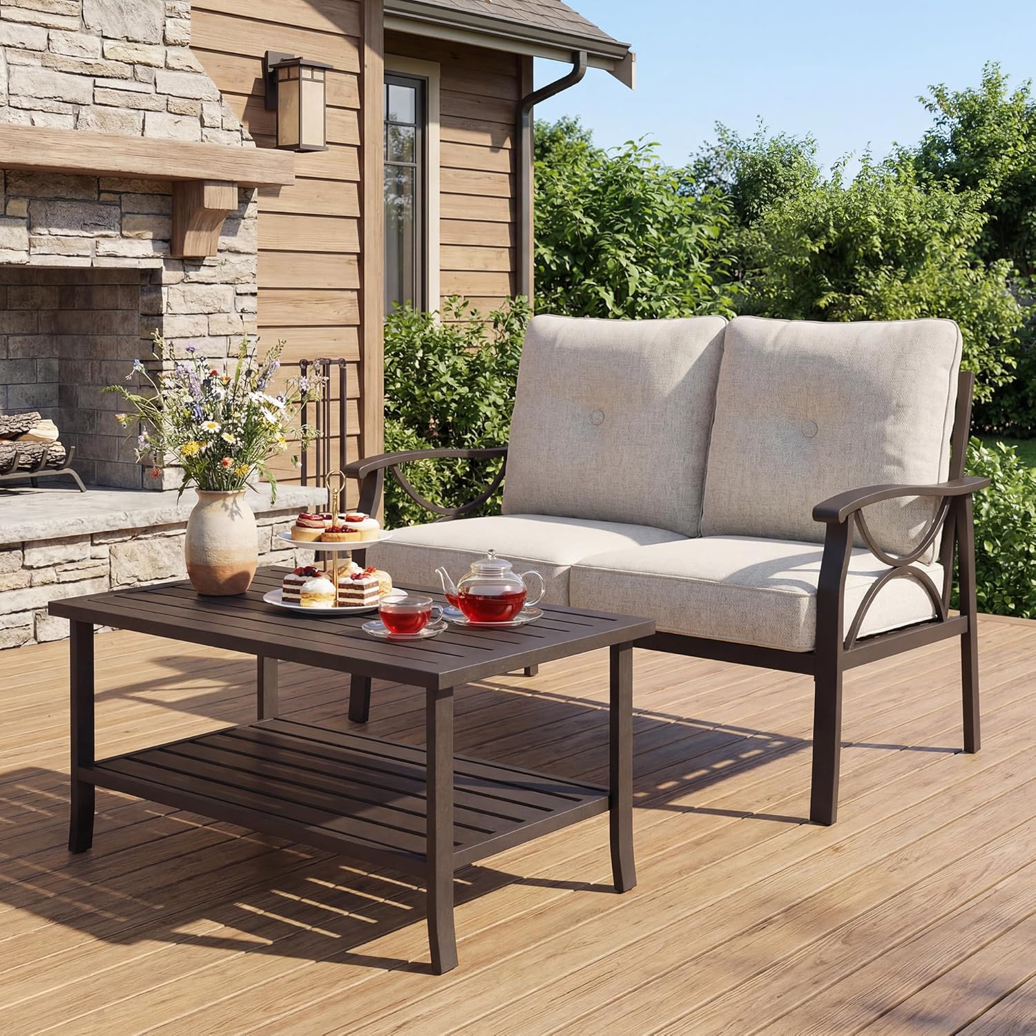 4-Piece Outdoor Patio Furniture Set, Outdoor Metal Sectional Furniture with Cushions, Outdoor Conversation Seating Set with Coffee Table for Deck, Backyard, Garden, Balcony, Khaki