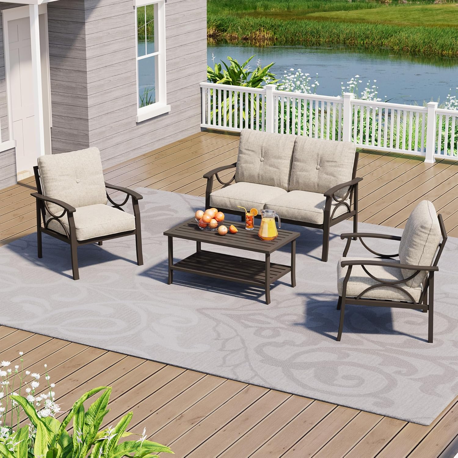 4-Piece Outdoor Patio Furniture Set, Outdoor Metal Sectional Furniture with Cushions, Outdoor Conversation Seating Set with Coffee Table for Deck, Backyard, Garden, Balcony, Khaki