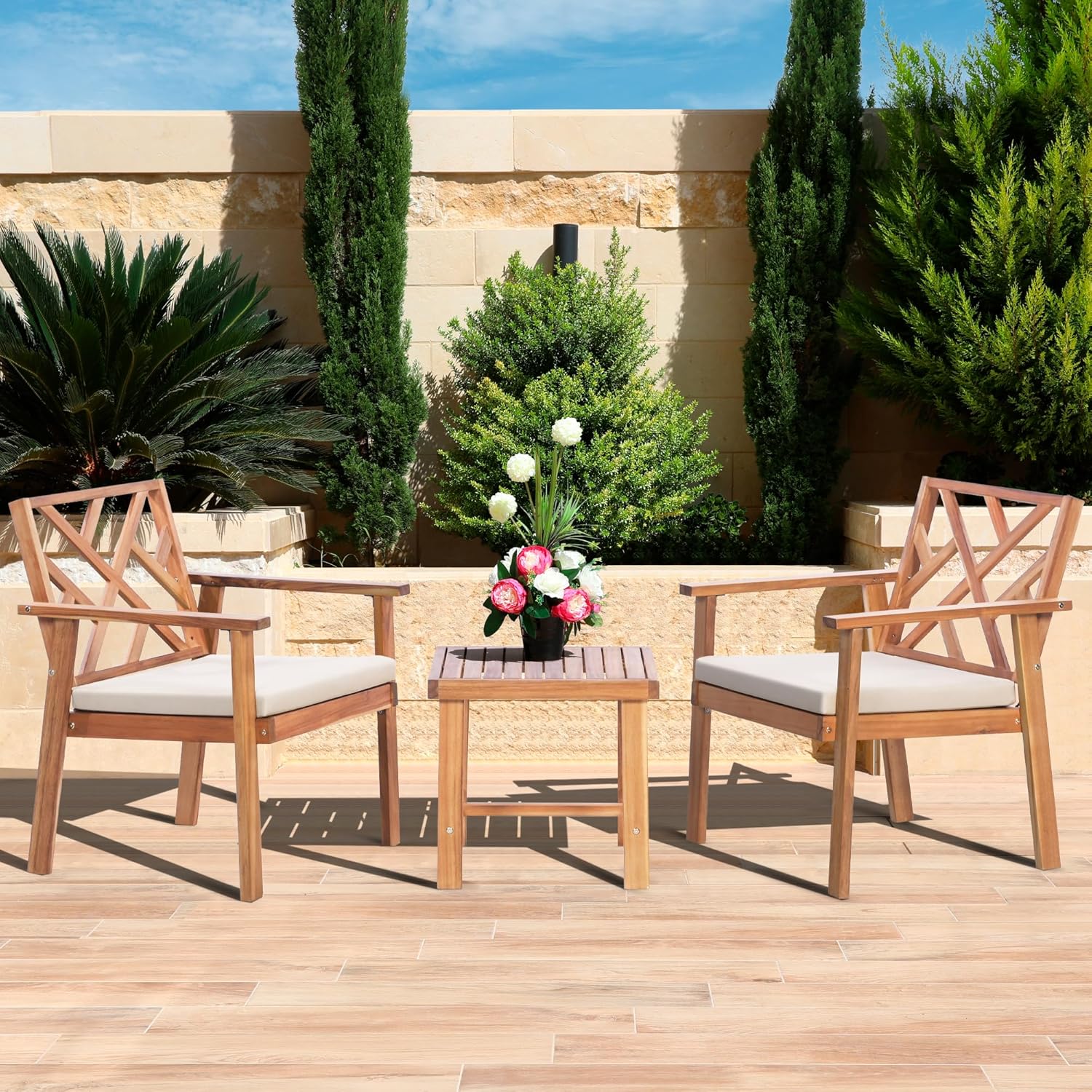 3 Piece Outdoor Patio Furniture Set, Wooden Conversation Patio Set with Padded Cushion Chairs and Coffee Table, Acacia Wood Lounge Conversation Set for Porch Balcony Deck Backyard