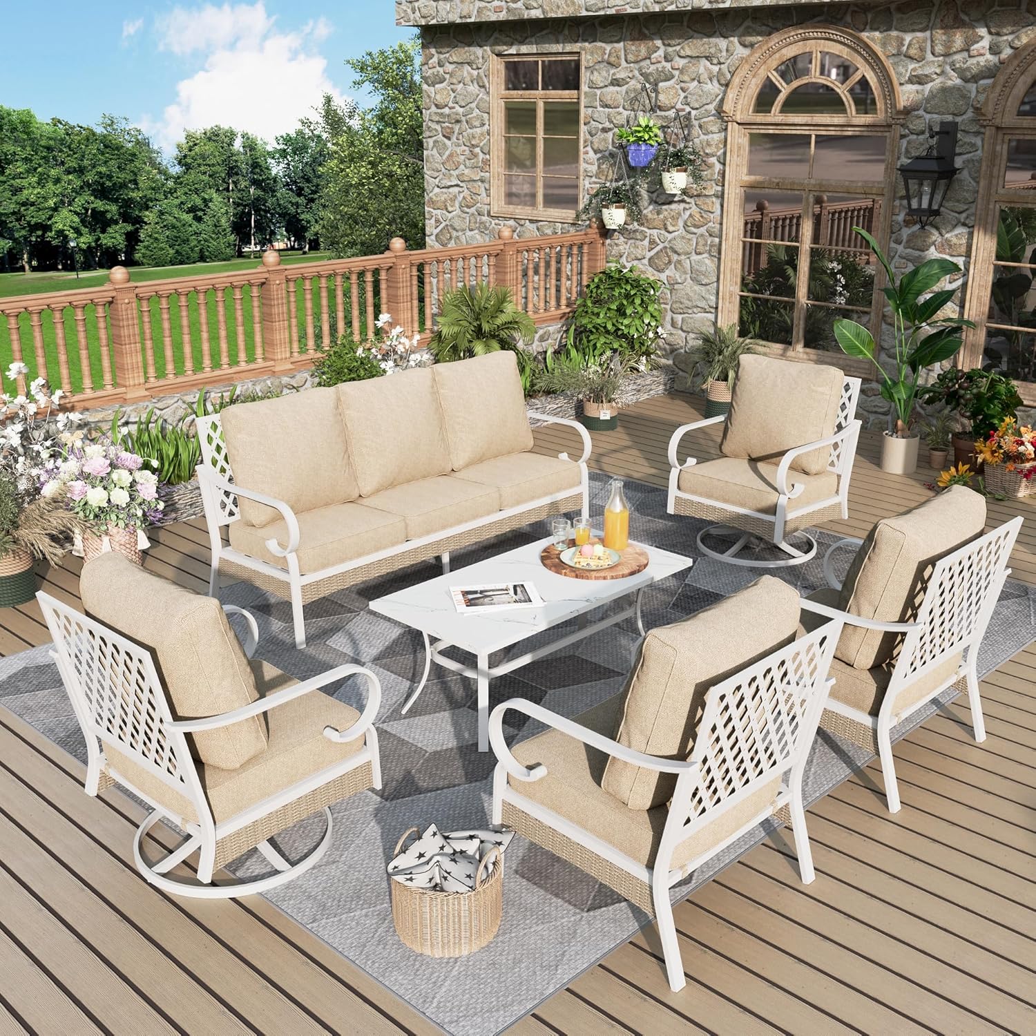 4 Piece Patio Furniture Set, 2 x Fixed Chair, 1 x 3-Seat Sofa with Marbling Coffee Table, All Cushioned 5 Seats Outdoor Conversation Set for Lawn Garden Backyard, Beige