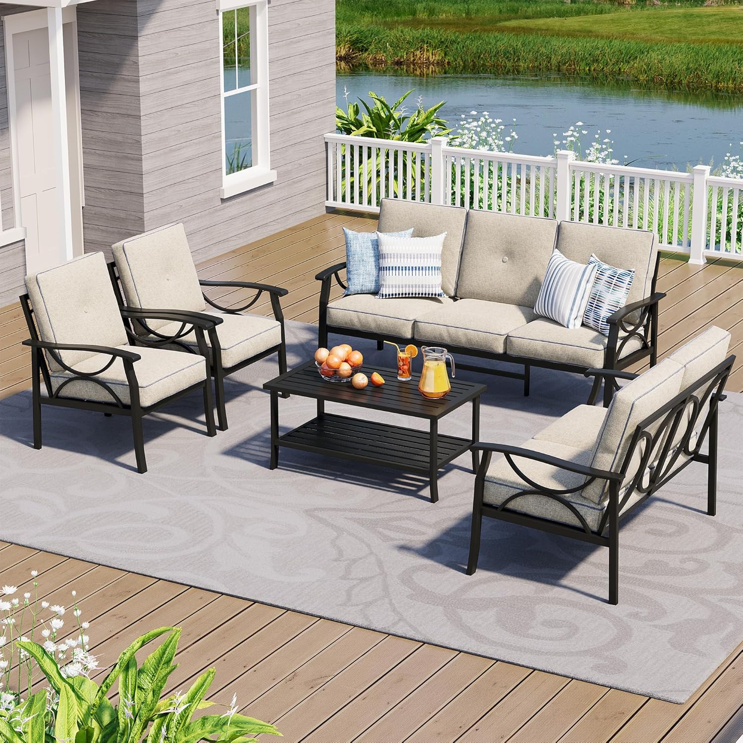 4-Piece Outdoor Patio Furniture Set, Outdoor Metal Sectional Furniture with Cushions, Outdoor Conversation Seating Set with Coffee Table for Deck, Backyard, Garden, Balcony, Khaki
