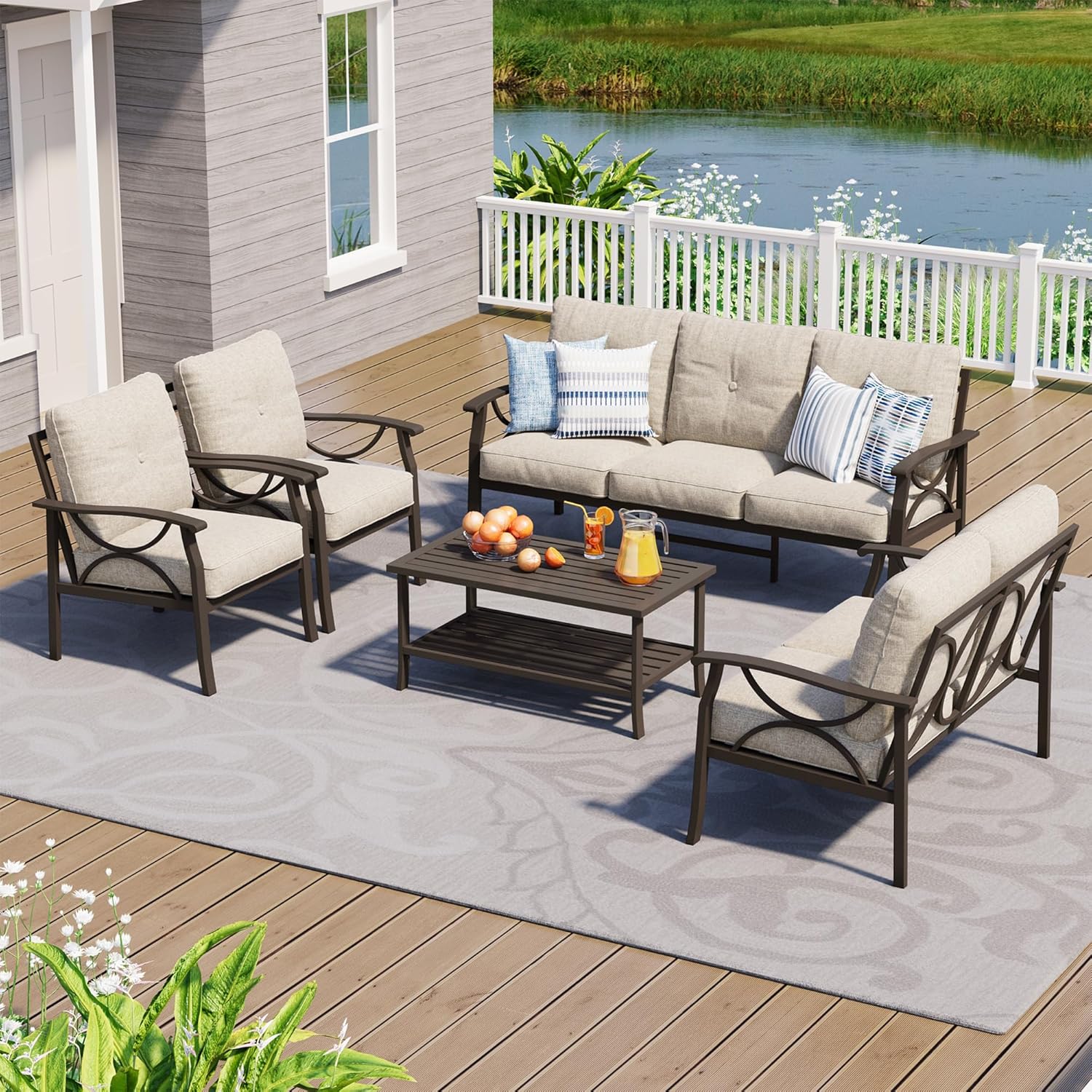 4-Piece Outdoor Patio Furniture Set, Outdoor Metal Sectional Furniture with Cushions, Outdoor Conversation Seating Set with Coffee Table for Deck, Backyard, Garden, Balcony, Khaki