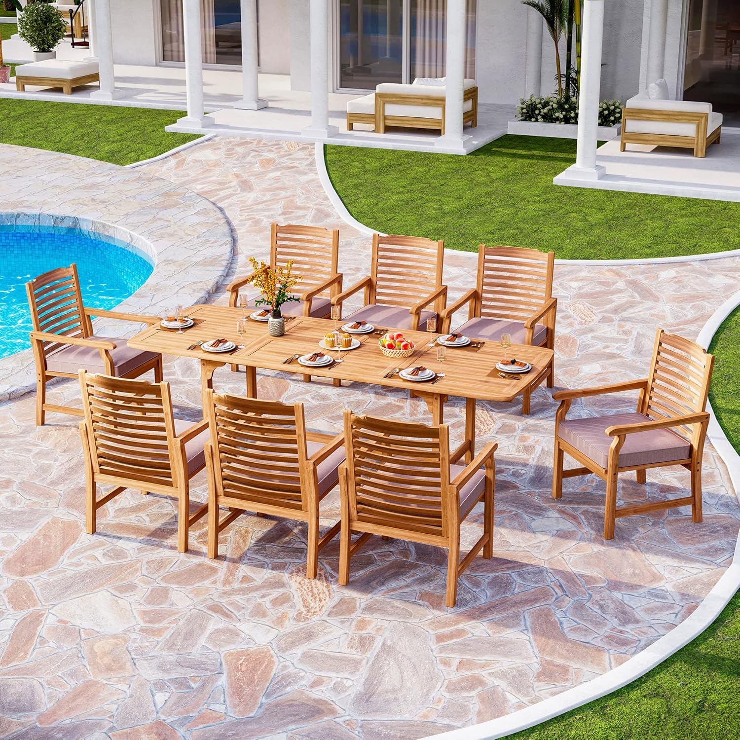  7 PCS Acacia Wood Outdoor Dining Set for 6, Expandable Teak Wooden Table & Chairs with Cushions, Farmhouse Dining Furniture Set for Patio, Deck, Yard