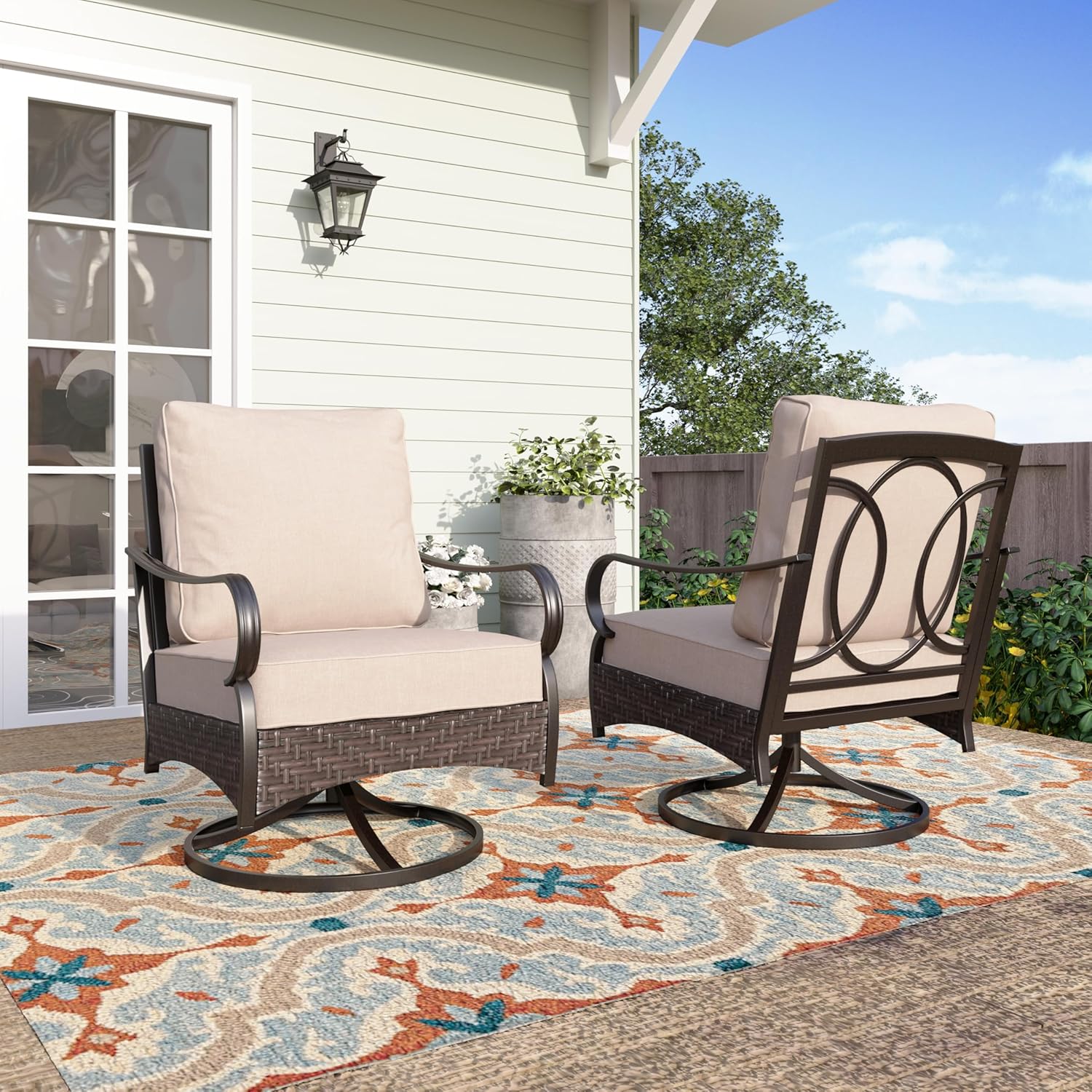 Outdoor Modern Patio Furniture Set, Upgraded Wicker&Metal Patio Furniture Conversation Set with Waterproof Thick Cushions for Porch, Poolside, Deck, and Yard (5 Pieces,Beige)