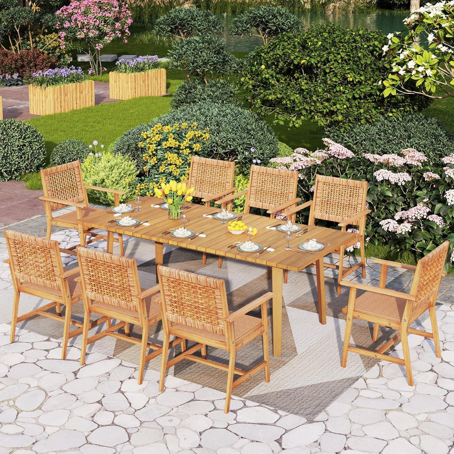 7 Pieces Acacia Wood Outdoor Dining Set for 6, Teak Large Wooden Table & Chairs with Wicker Seat and Back, Farmhouse Dining Furniture Set for Patio, Deck, Yard, Porch