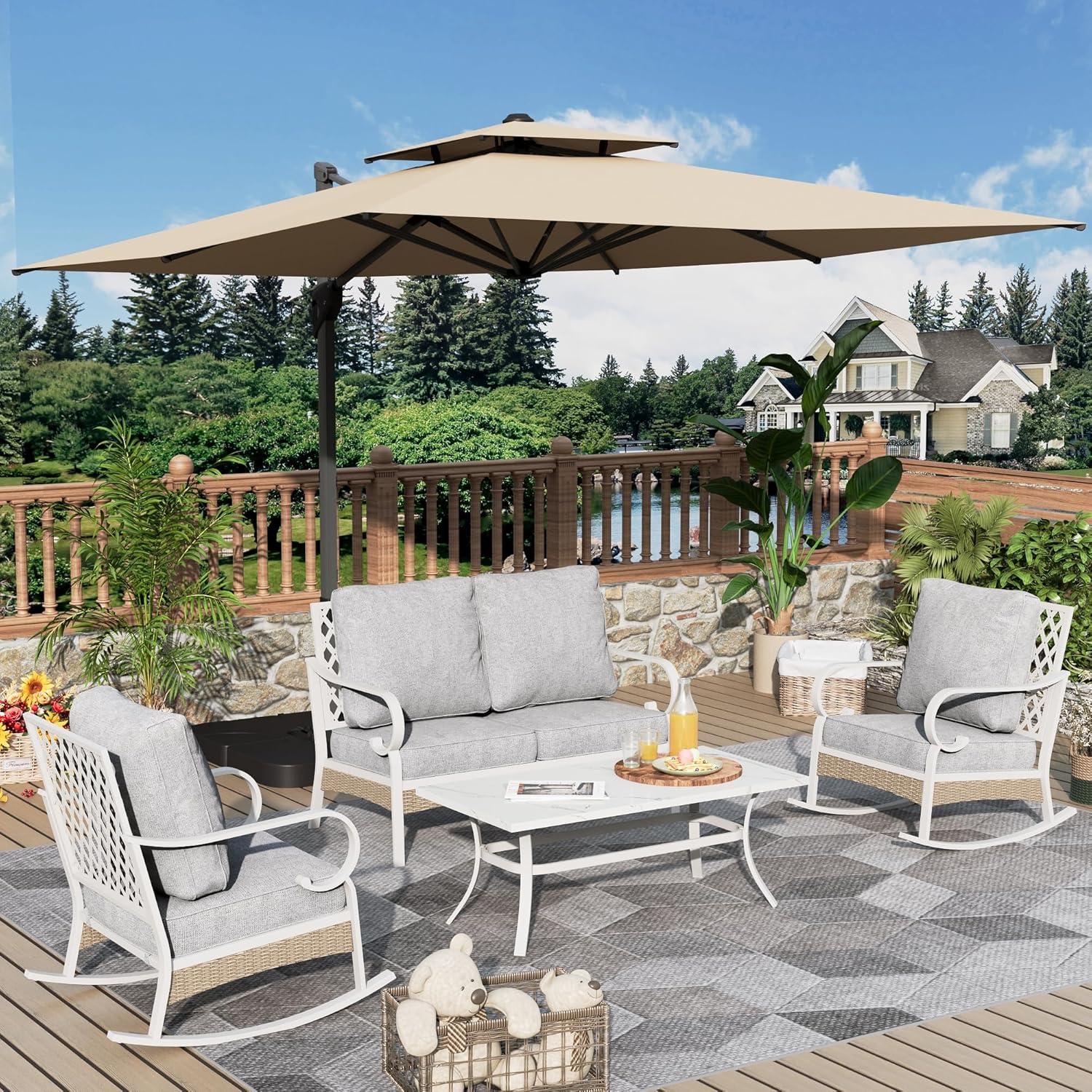 4 Piece Patio Furniture Set, 2 x Fixed Chair, 1 x 3-Seat Sofa with Marbling Coffee Table, All Cushioned 5 Seats Outdoor Conversation Set for Lawn Garden Backyard, Beige
