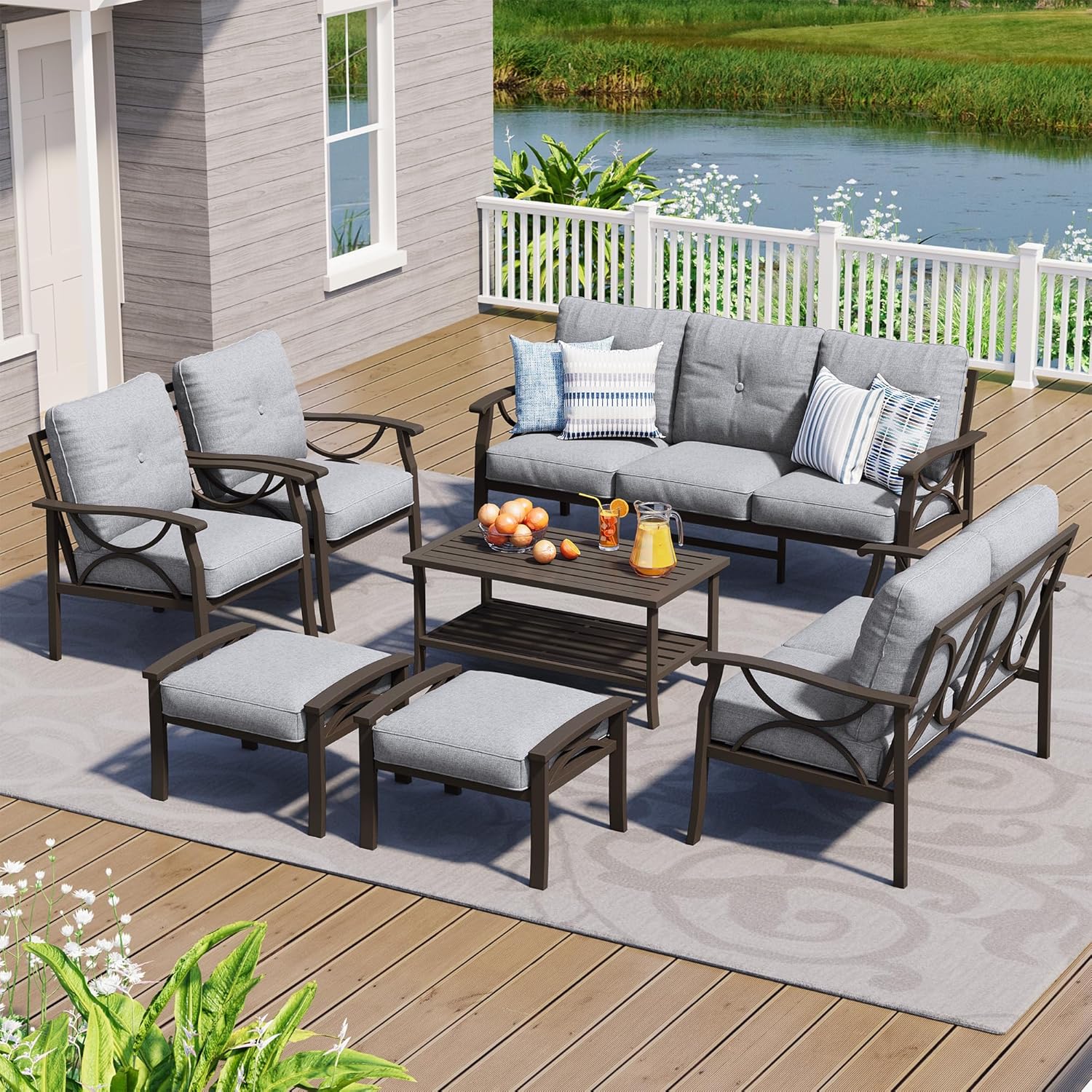 4-Piece Outdoor Patio Furniture Set, Outdoor Metal Sectional Furniture with Cushions, Outdoor Conversation Seating Set with Coffee Table for Deck, Backyard, Garden, Balcony, Khaki