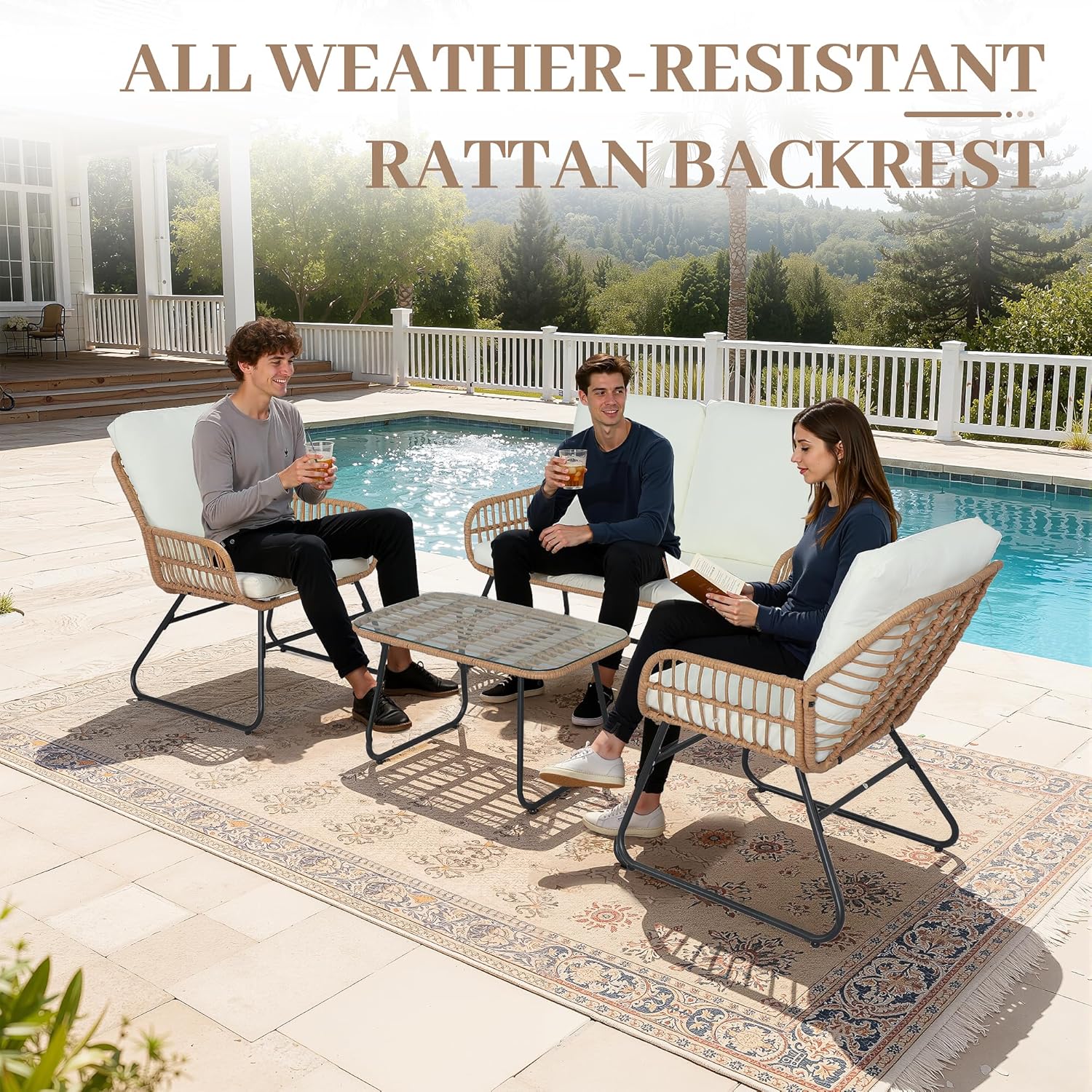  4 Pieces Outdoor Patio Furniture Set,Patio Conversation Set,Rattan Wicker Bistro Sets with Loveseat Chairs and Modern Coffee Table for Backyard Deck Balcony and Garden Lounge Spaces - Beige