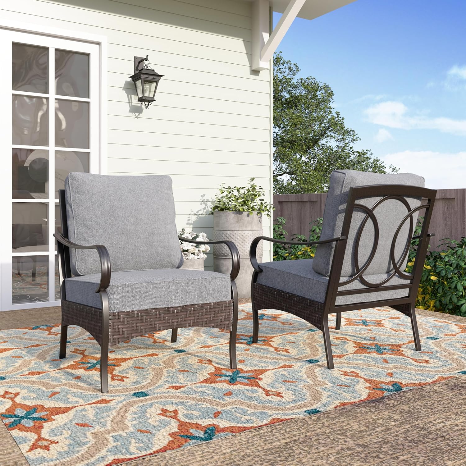 Outdoor Modern Patio Furniture Set, Upgraded Wicker&Metal Patio Furniture Conversation Set with Waterproof Thick Cushions for Porch, Poolside, Deck, and Yard (5 Pieces,Beige)