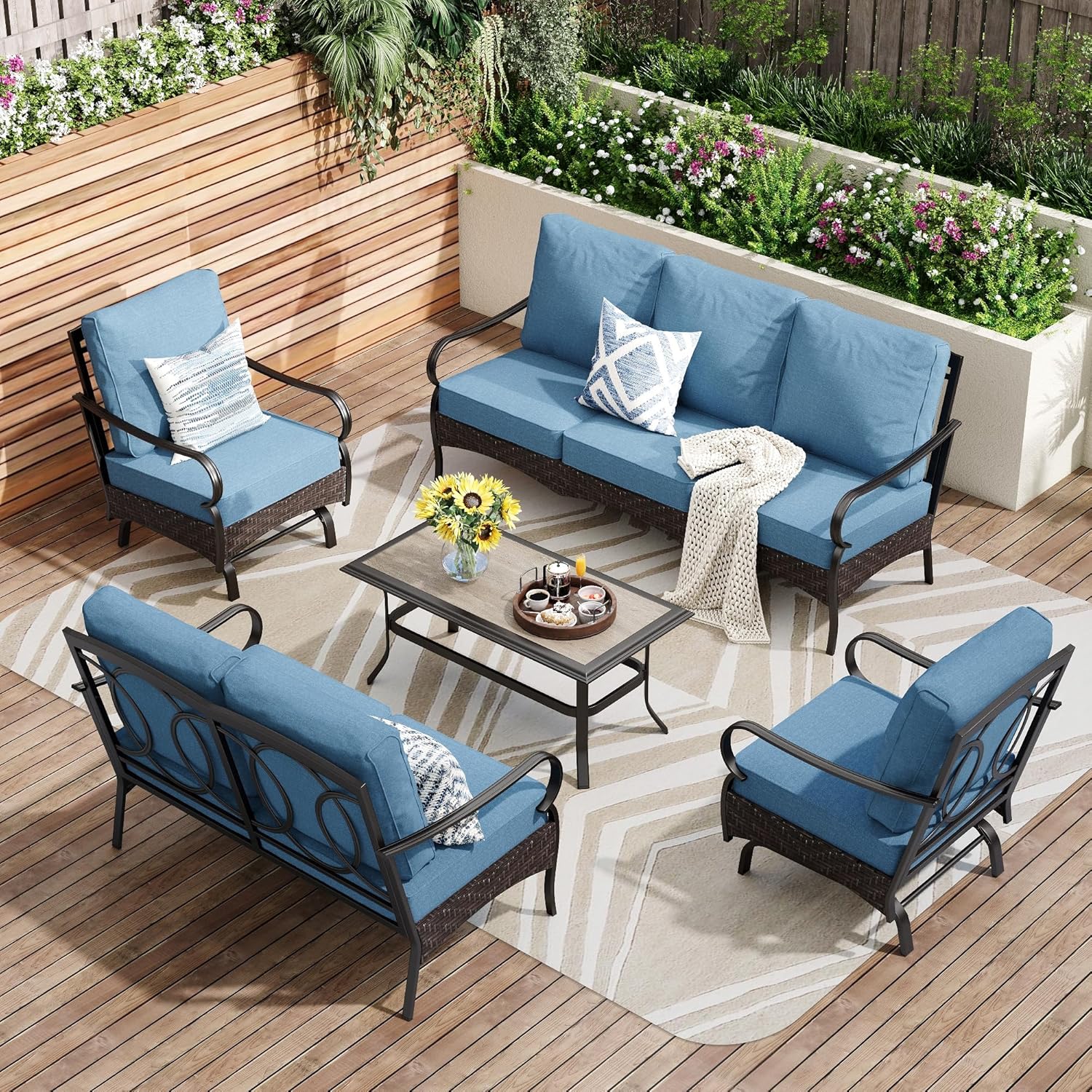 Outdoor Modern Patio Furniture Set, Upgraded Wicker&Metal Patio Furniture Conversation Set with Waterproof Thick Cushions for Porch, Poolside, Deck, and Yard (5 Pieces,Beige)