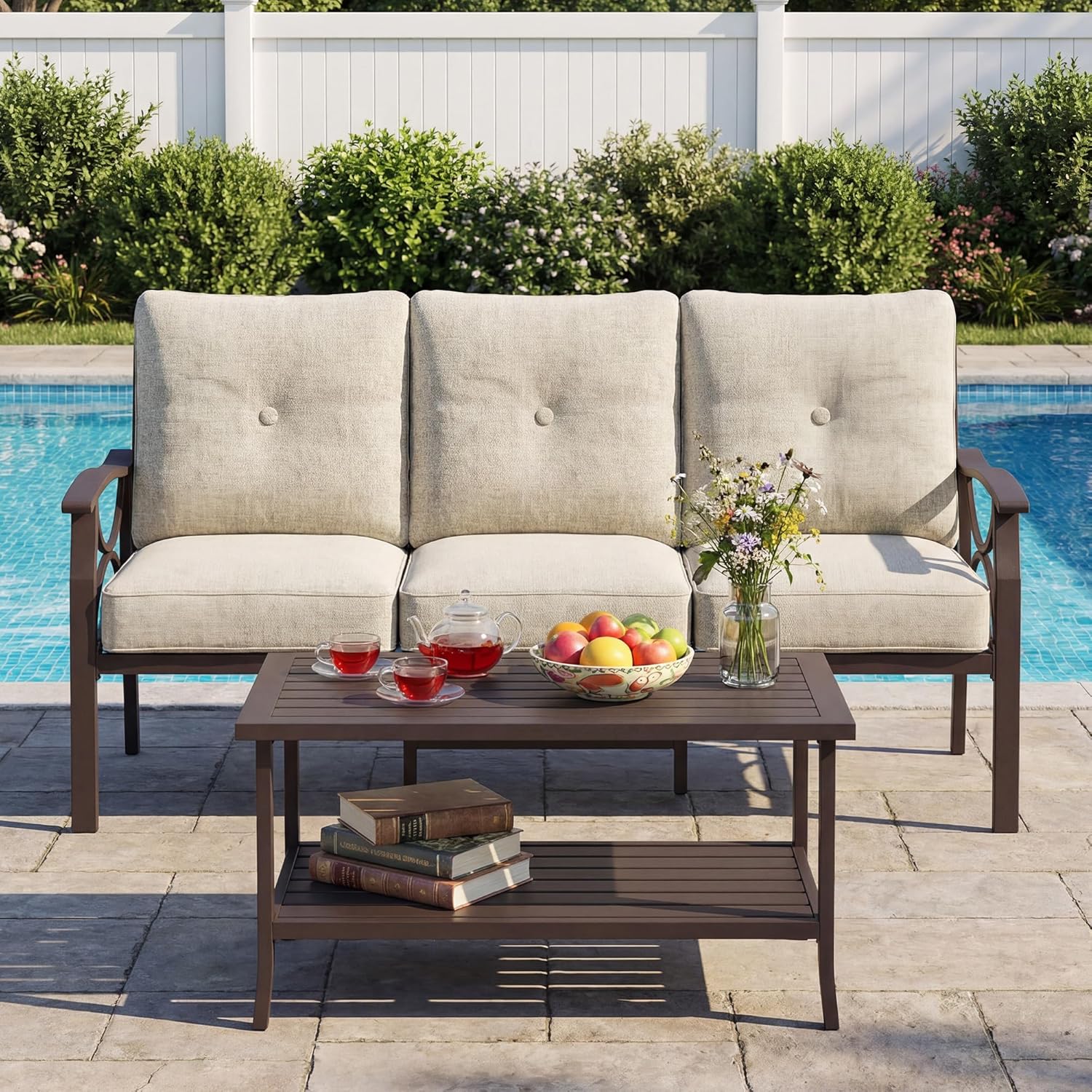 4-Piece Outdoor Patio Furniture Set, Outdoor Metal Sectional Furniture with Cushions, Outdoor Conversation Seating Set with Coffee Table for Deck, Backyard, Garden, Balcony, Khaki