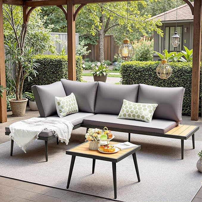  Outdoor Sectional Furniture Patio Sectional Sofa with Acacia Wood Table, Patio L-Shaped Conversation Set with All-Weather Cushion for Patio,Garden,Backyard(Gray)