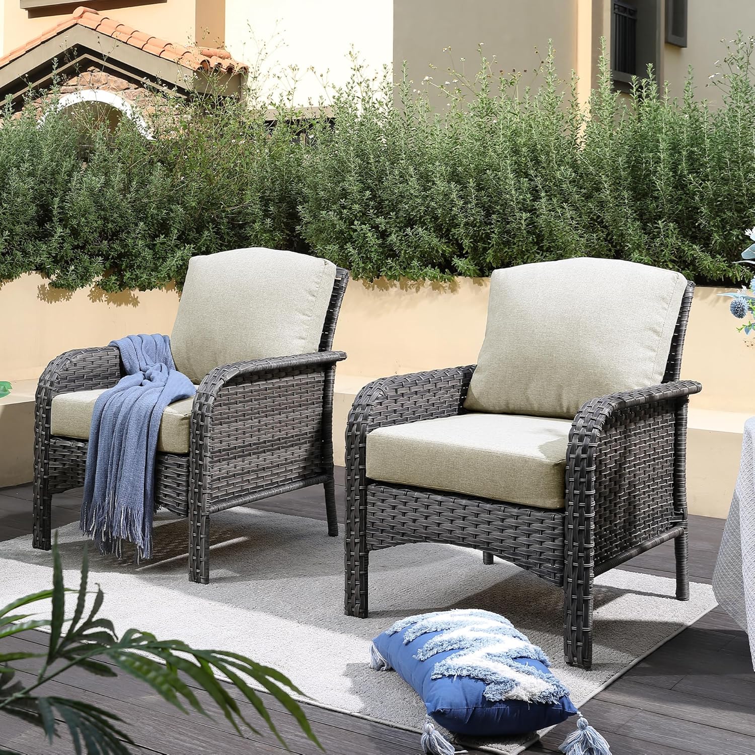 5 Pieces Patio Furniture Set,Outdoor Furniture with Rockers, Rattan Conversation Sets w/Coffee Table, Grey Wicker Light Dark Gray Cushion