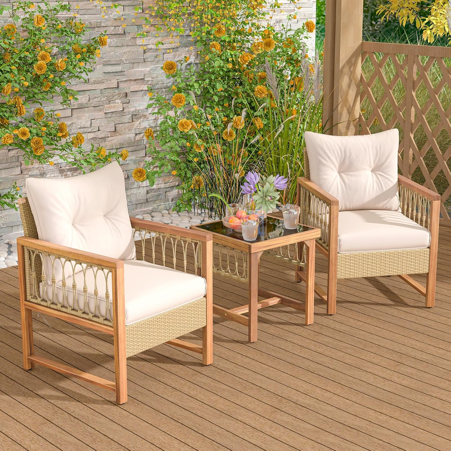 3 Pieces Patio Furniture Set, Outdoor PE Wicker Conversation Bistro Set with Acacia Wood Frame, Cushions and Tempered Glass Coffee Table for Porch, Balcony, Deck and Backyard (Beige)