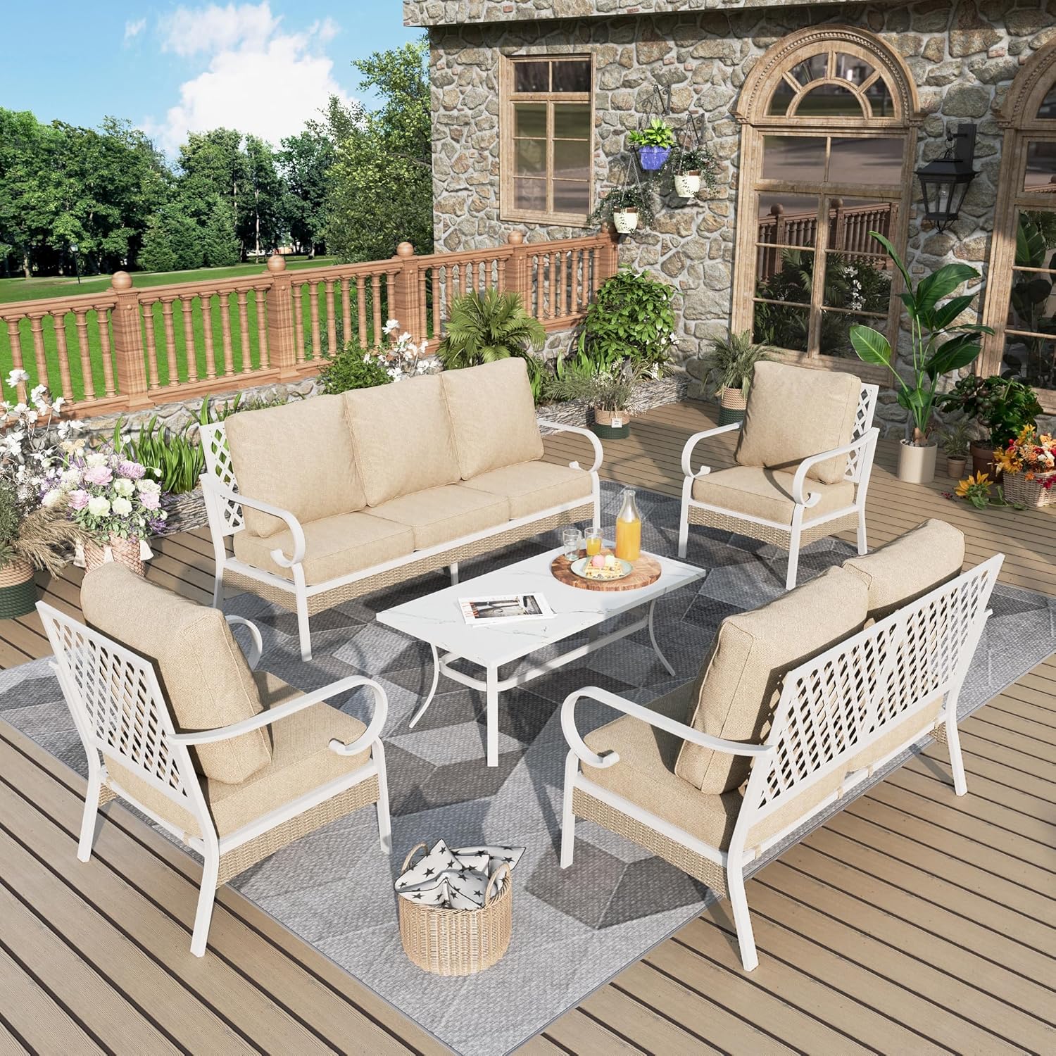 4 Piece Patio Furniture Set, 2 x Fixed Chair, 1 x 3-Seat Sofa with Marbling Coffee Table, All Cushioned 5 Seats Outdoor Conversation Set for Lawn Garden Backyard, Beige