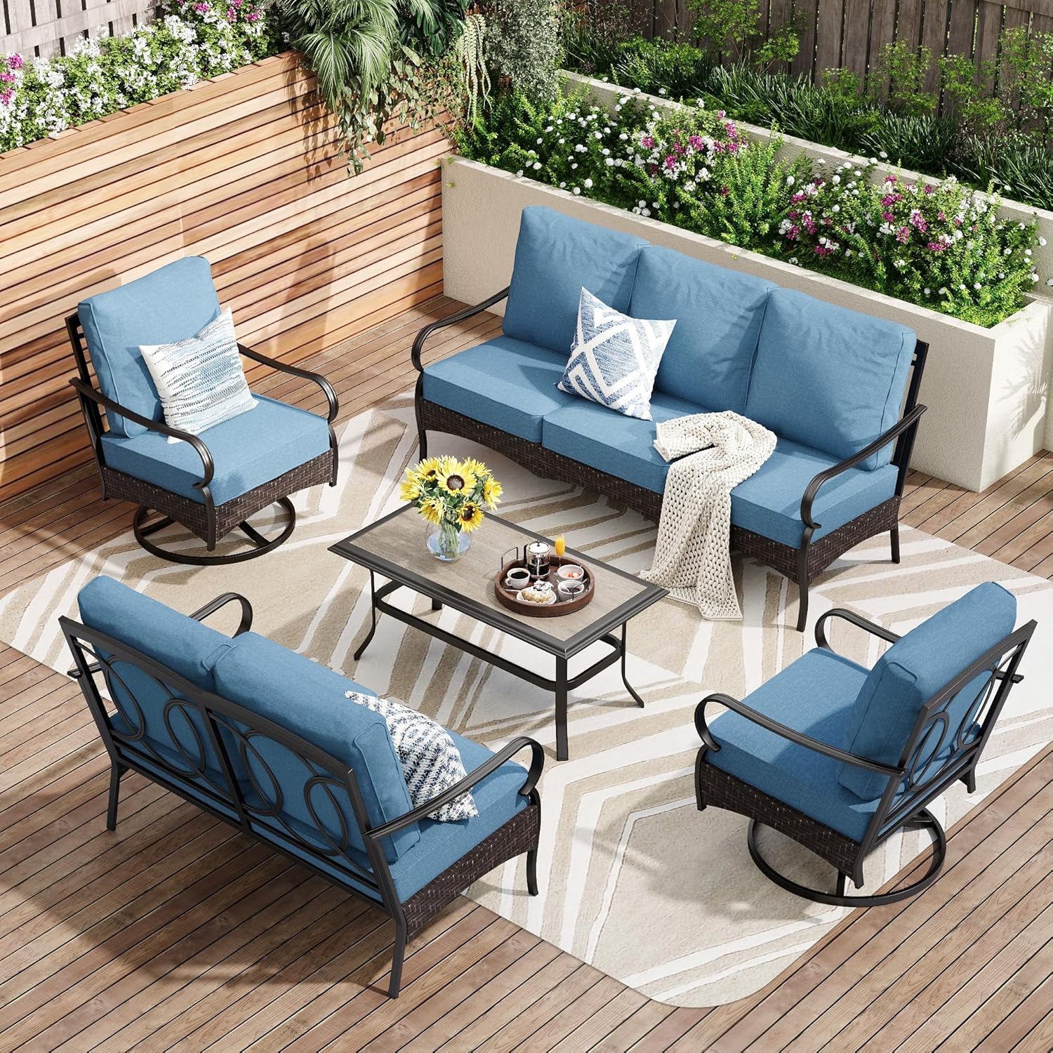 Outdoor Modern Patio Furniture Set, Upgraded Wicker&Metal Patio Furniture Conversation Set with Waterproof Thick Cushions for Porch, Poolside, Deck, and Yard (5 Pieces,Beige)