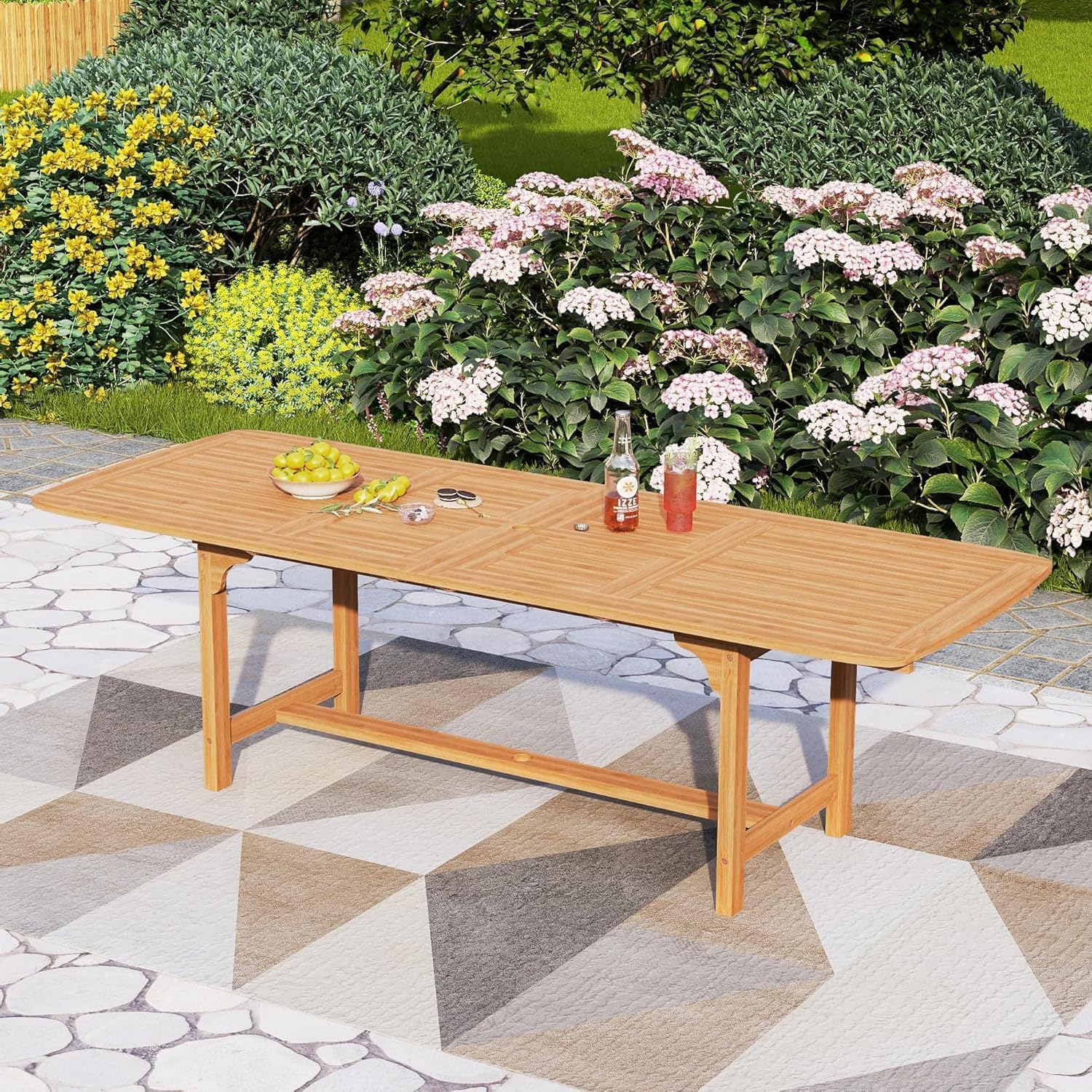  7 PCS Acacia Wood Outdoor Dining Set for 6, Expandable Teak Wooden Table & Chairs with Cushions, Farmhouse Dining Furniture Set for Patio, Deck, Yard