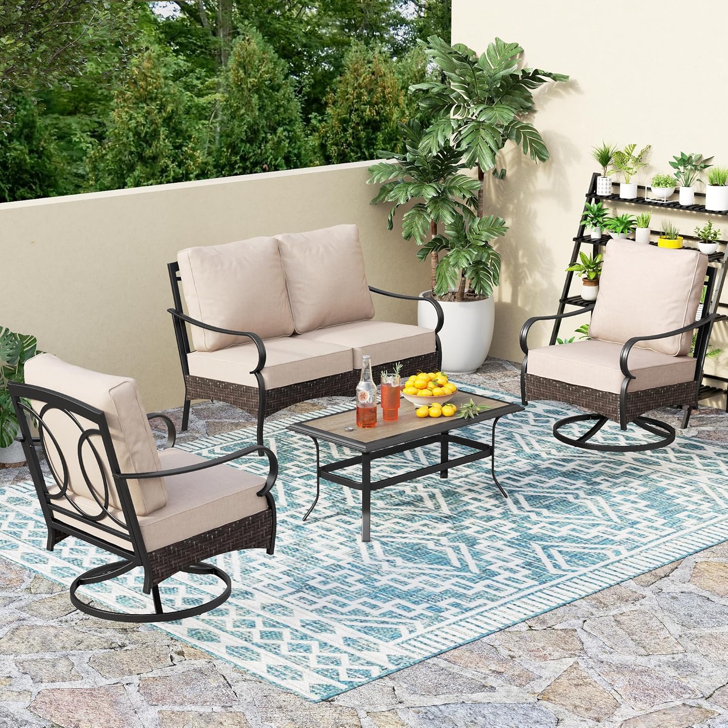 Outdoor Modern Patio Furniture Set, Upgraded Wicker&Metal Patio Furniture Conversation Set with Waterproof Thick Cushions for Porch, Poolside, Deck, and Yard (5 Pieces,Beige)