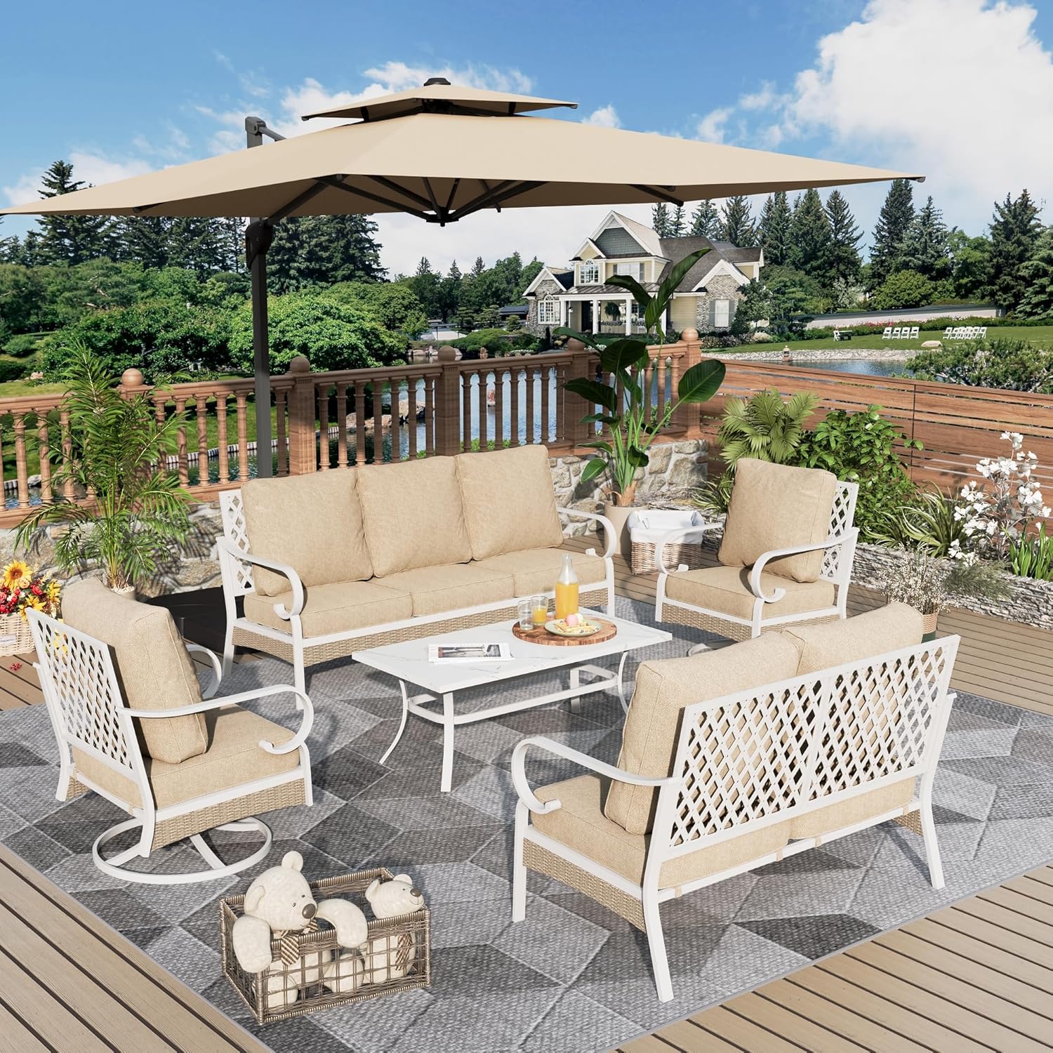 4 Piece Patio Furniture Set, 2 x Fixed Chair, 1 x 3-Seat Sofa with Marbling Coffee Table, All Cushioned 5 Seats Outdoor Conversation Set for Lawn Garden Backyard, Beige