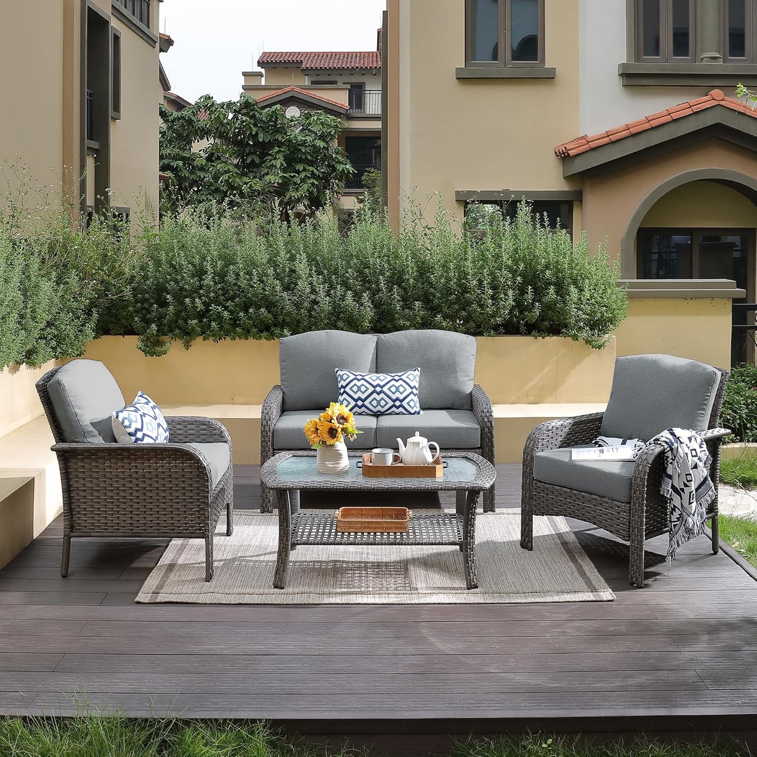 5 Pieces Patio Furniture Set,Outdoor Furniture with Rockers, Rattan Conversation Sets w/Coffee Table, Grey Wicker Light Dark Gray Cushion