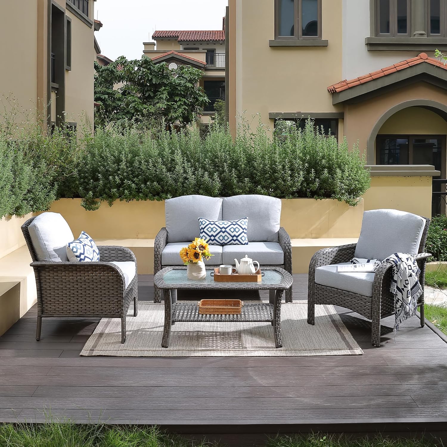 5 Pieces Patio Furniture Set,Outdoor Furniture with Rockers, Rattan Conversation Sets w/Coffee Table, Grey Wicker Light Dark Gray Cushion
