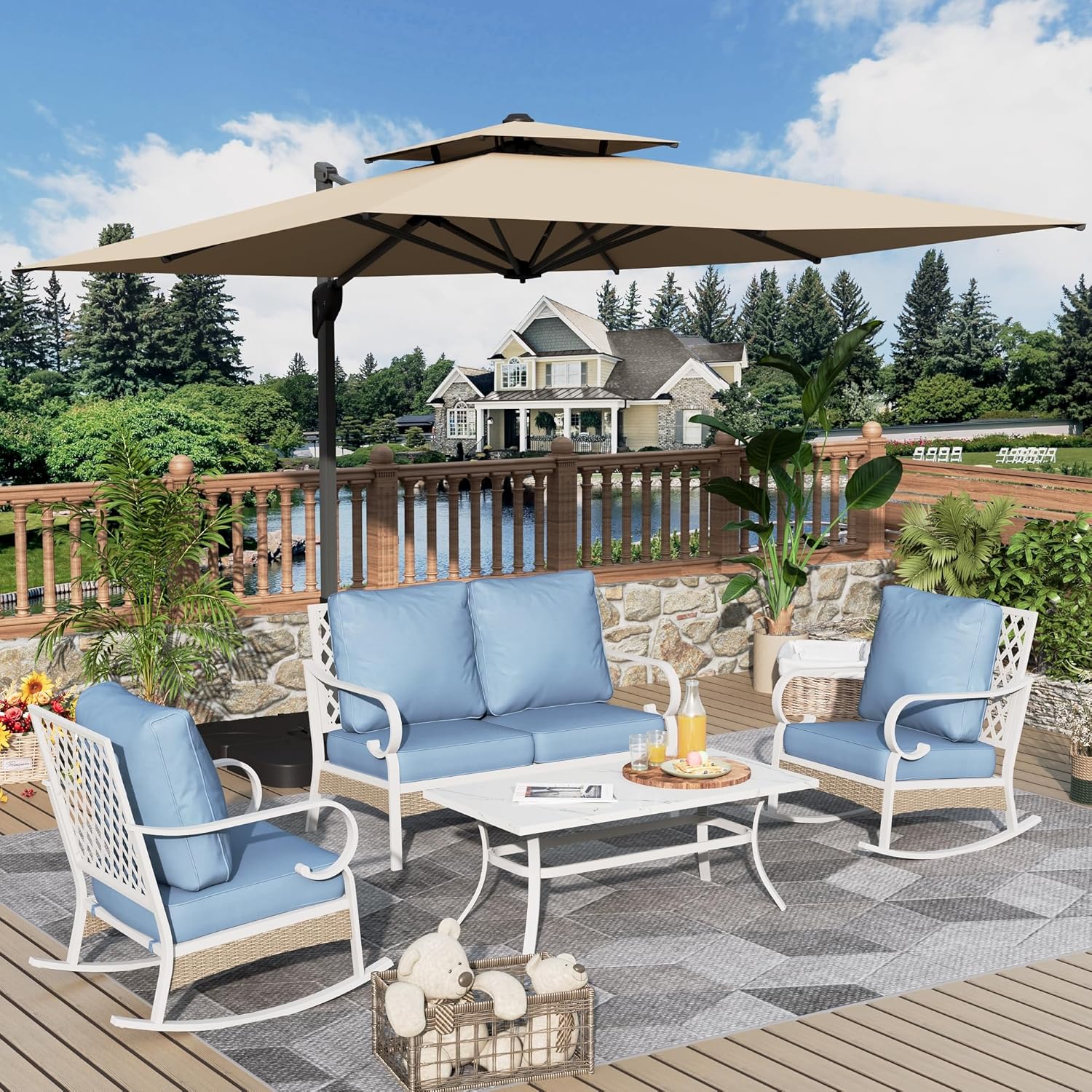 4 Piece Patio Furniture Set, 2 x Fixed Chair, 1 x 3-Seat Sofa with Marbling Coffee Table, All Cushioned 5 Seats Outdoor Conversation Set for Lawn Garden Backyard, Beige