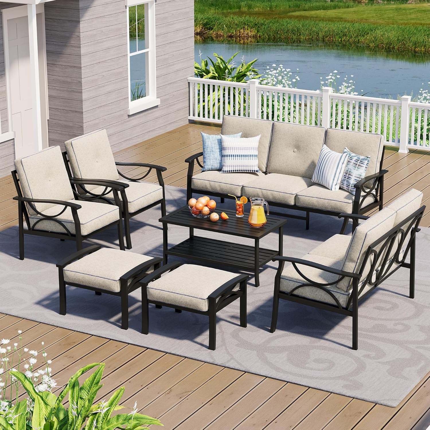 4-Piece Outdoor Patio Furniture Set, Outdoor Metal Sectional Furniture with Cushions, Outdoor Conversation Seating Set with Coffee Table for Deck, Backyard, Garden, Balcony, Khaki