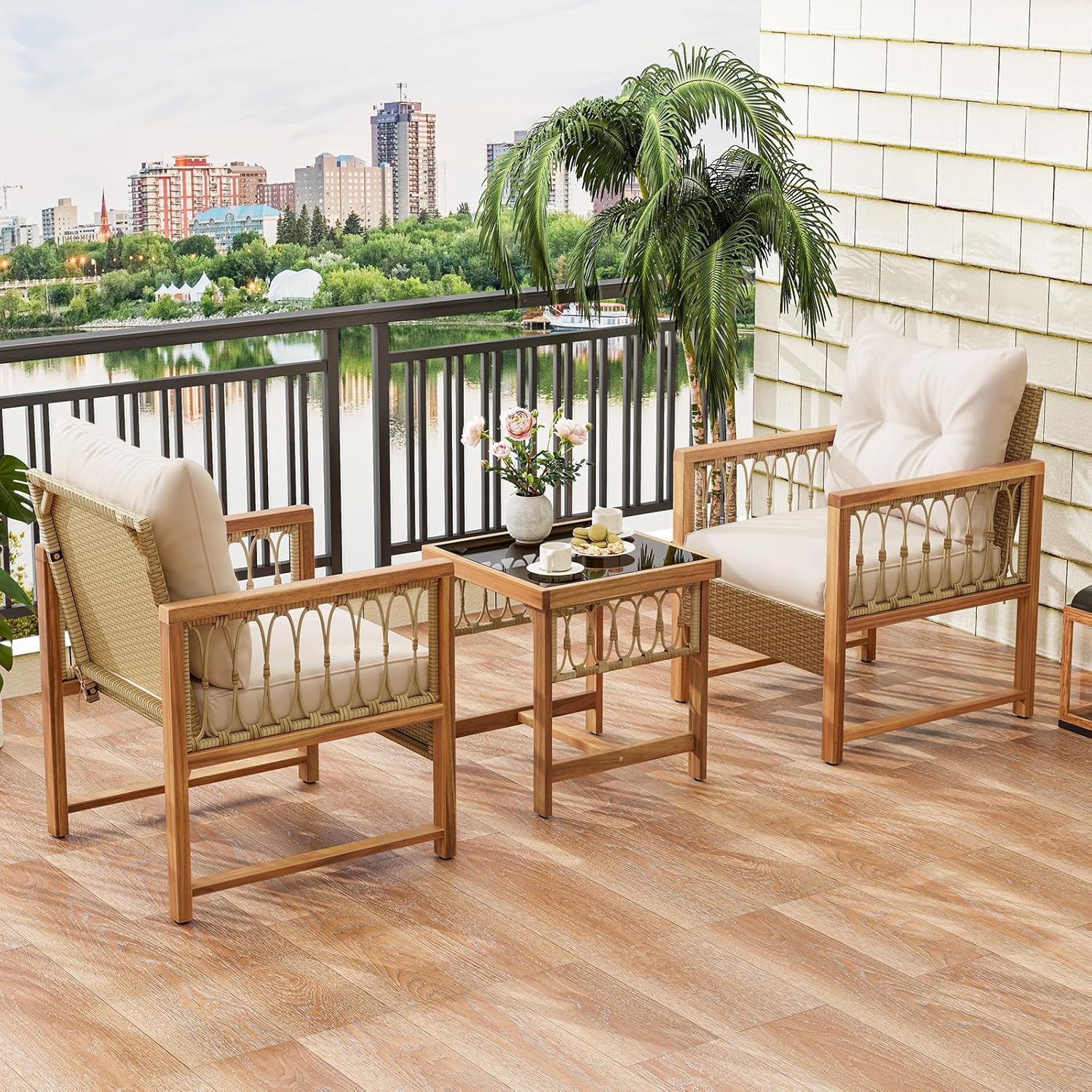 3 Pieces Patio Furniture Set, Outdoor PE Wicker Conversation Bistro Set with Acacia Wood Frame, Cushions and Tempered Glass Coffee Table for Porch, Balcony, Deck and Backyard (Beige)