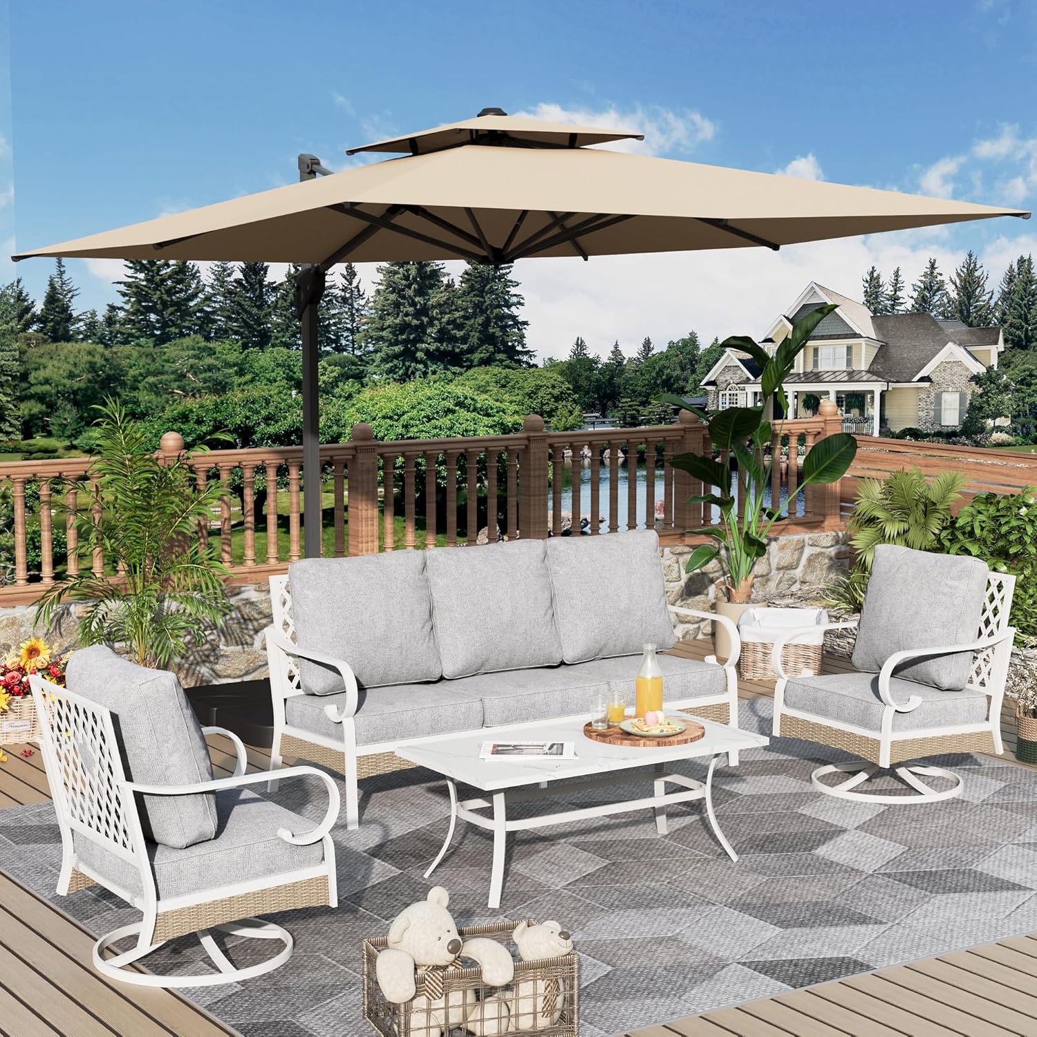 4 Piece Patio Furniture Set, 2 x Fixed Chair, 1 x 3-Seat Sofa with Marbling Coffee Table, All Cushioned 5 Seats Outdoor Conversation Set for Lawn Garden Backyard, Beige